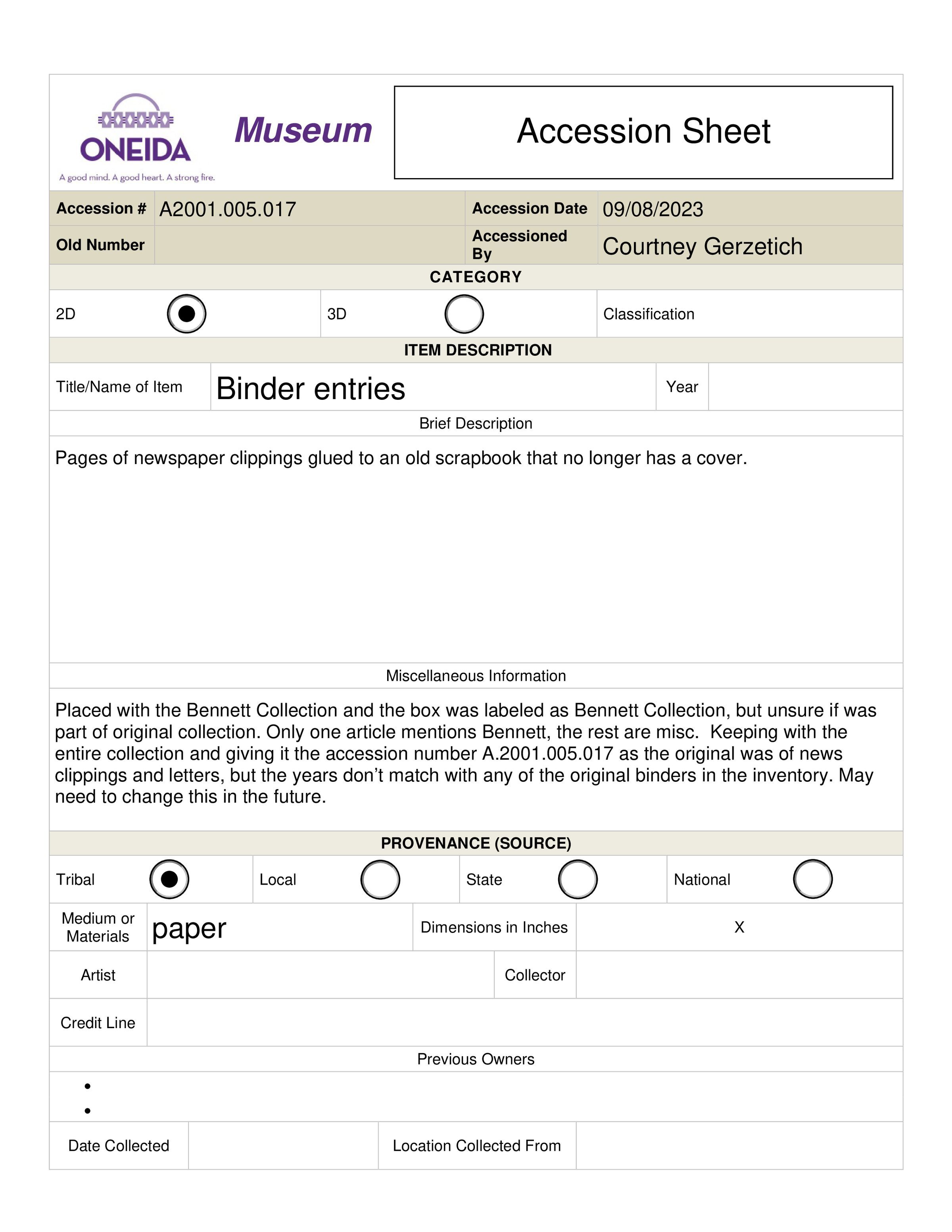 Accession Sheet