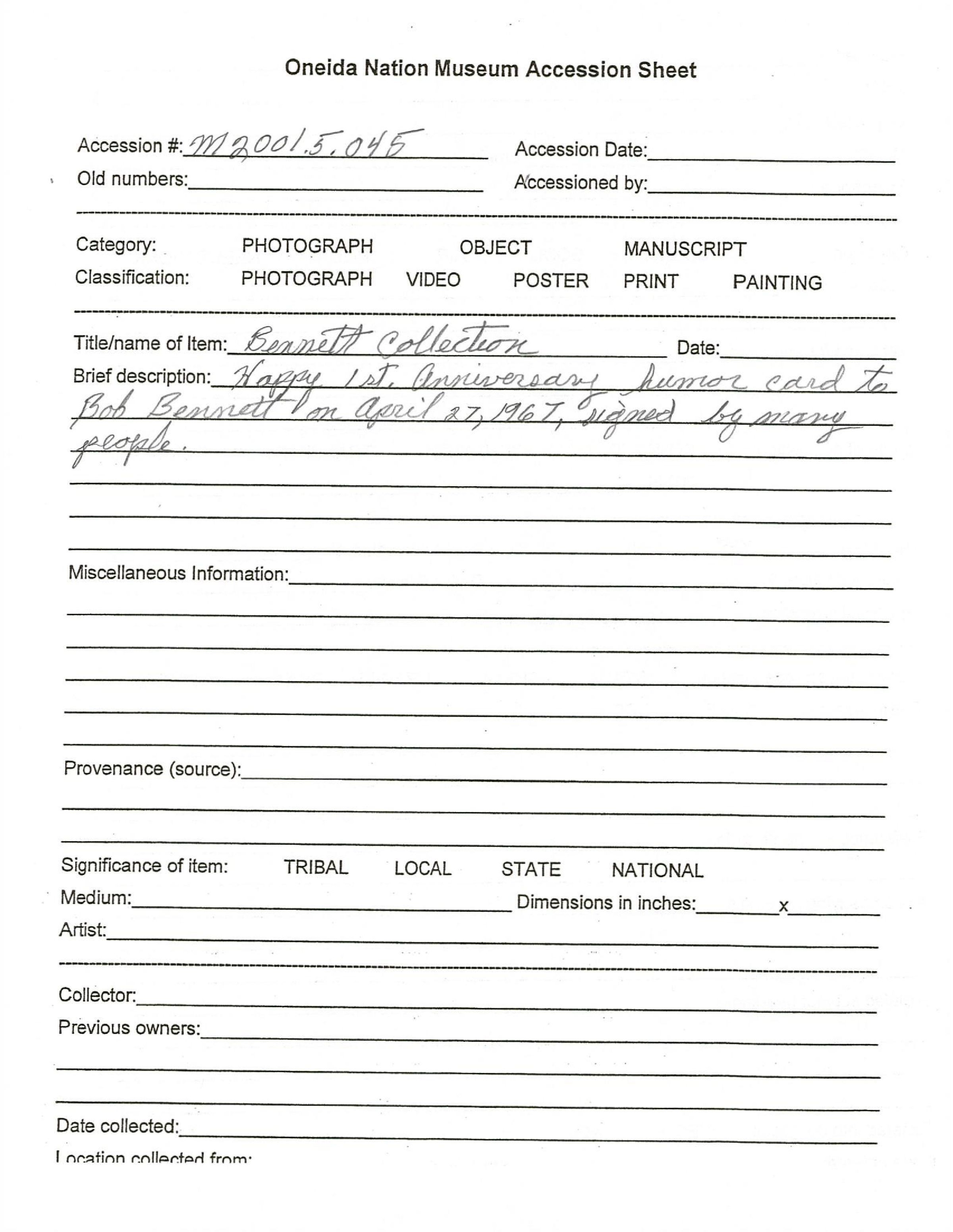 A.2001.005.045 accession sheet