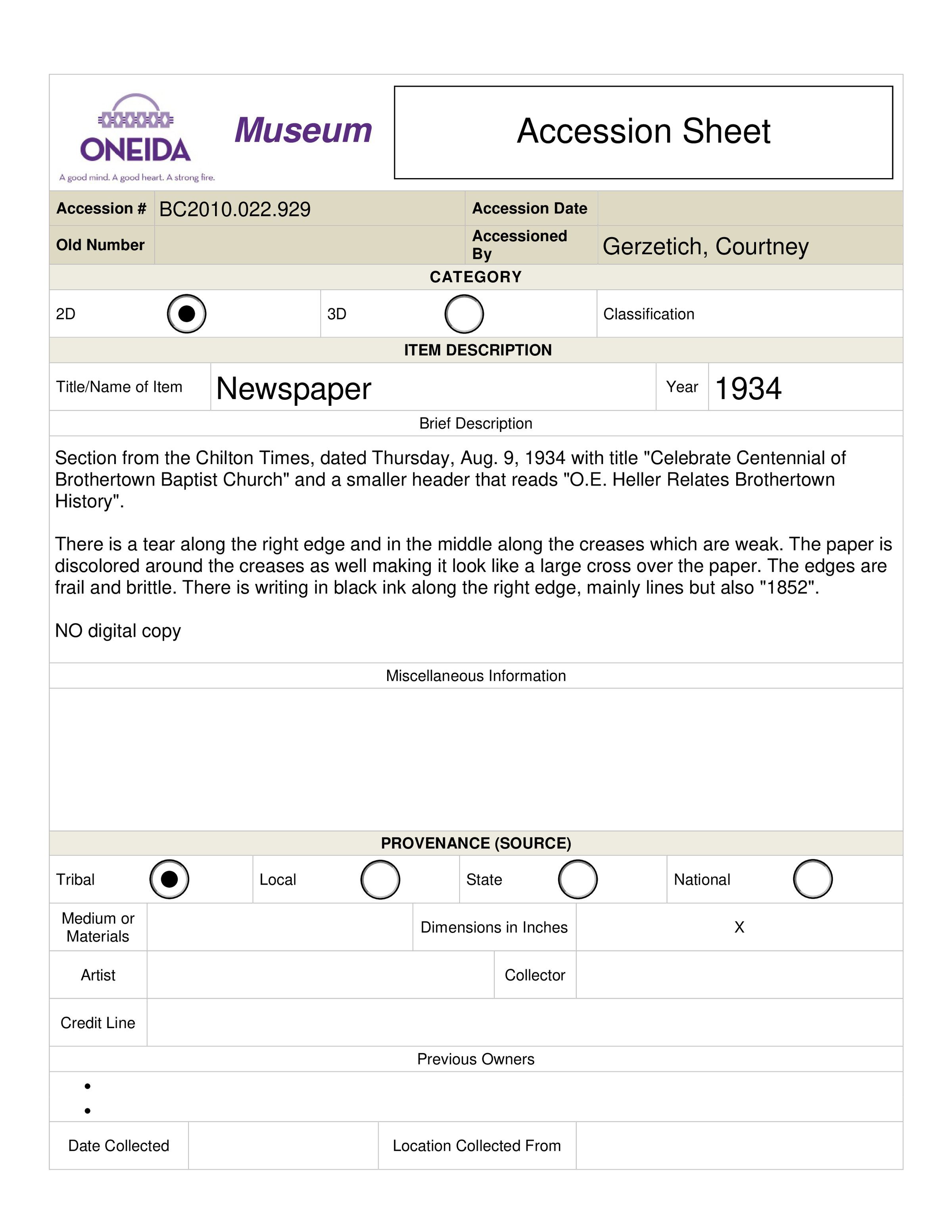 BC2010.022.929 Accession Sheet