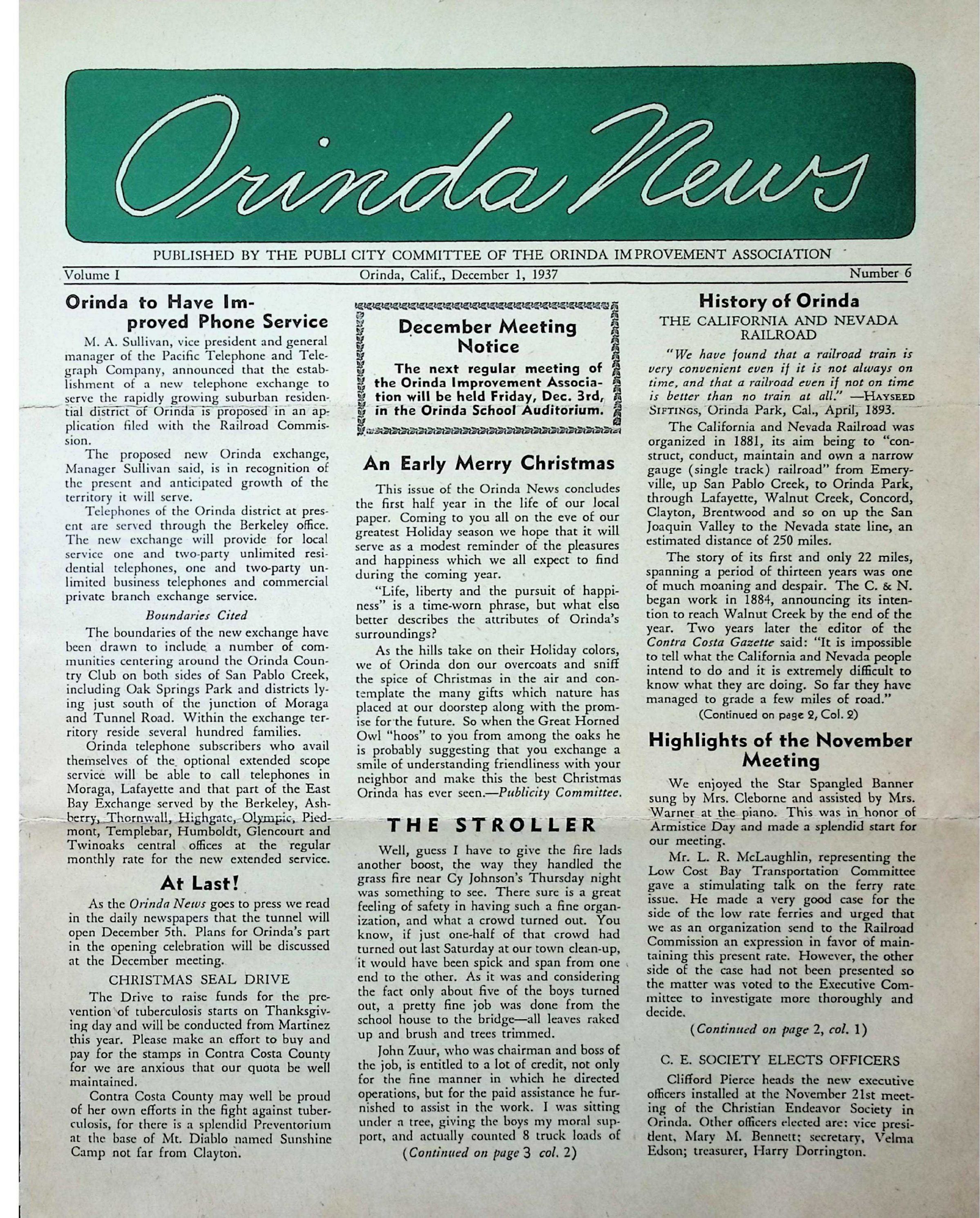Orinda News - December 1937: This pdf file contains the December 1, 1937 edition of this newspaper. Click on the image to read the entire file