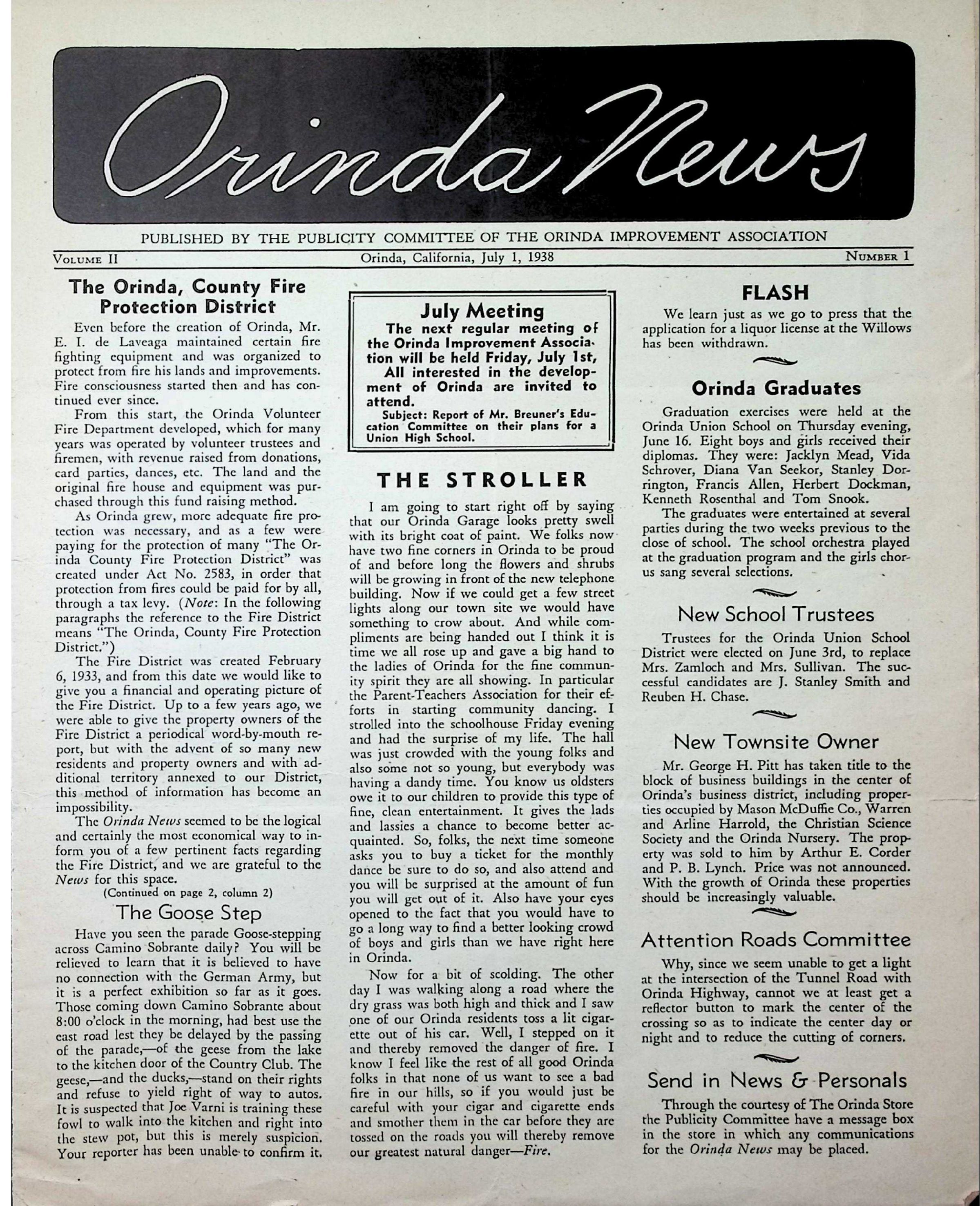 Orinda News - July 1938: This pdf file contains the July 1, 1938 edition of this newspaper. Click on the image to read the entire file.