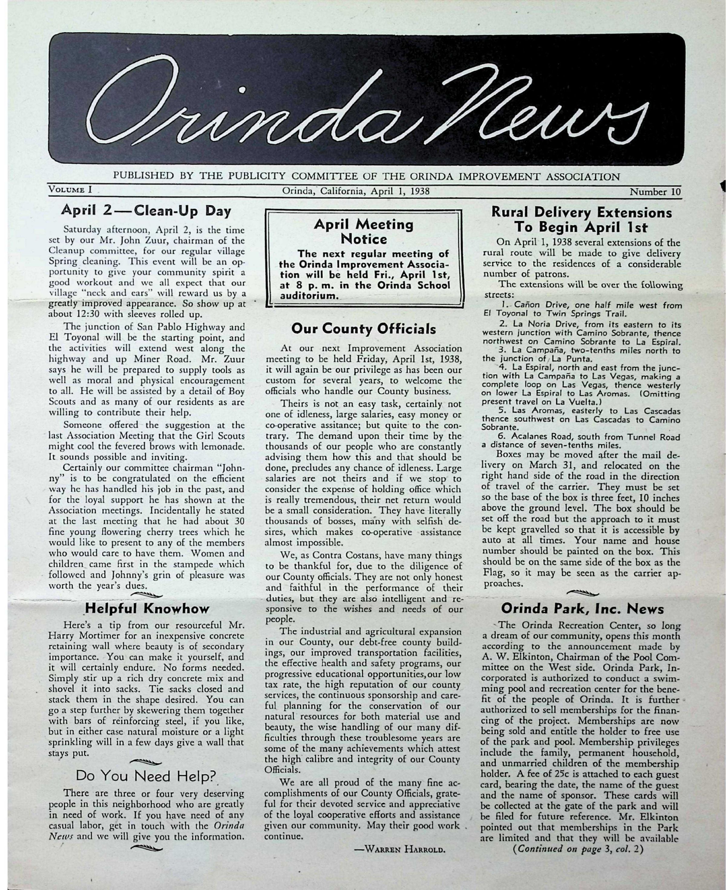 Orinda News - April 1938: This pdf file contains the April 1, 1938 edition of this newspaper. Click on the image to read the entire file.