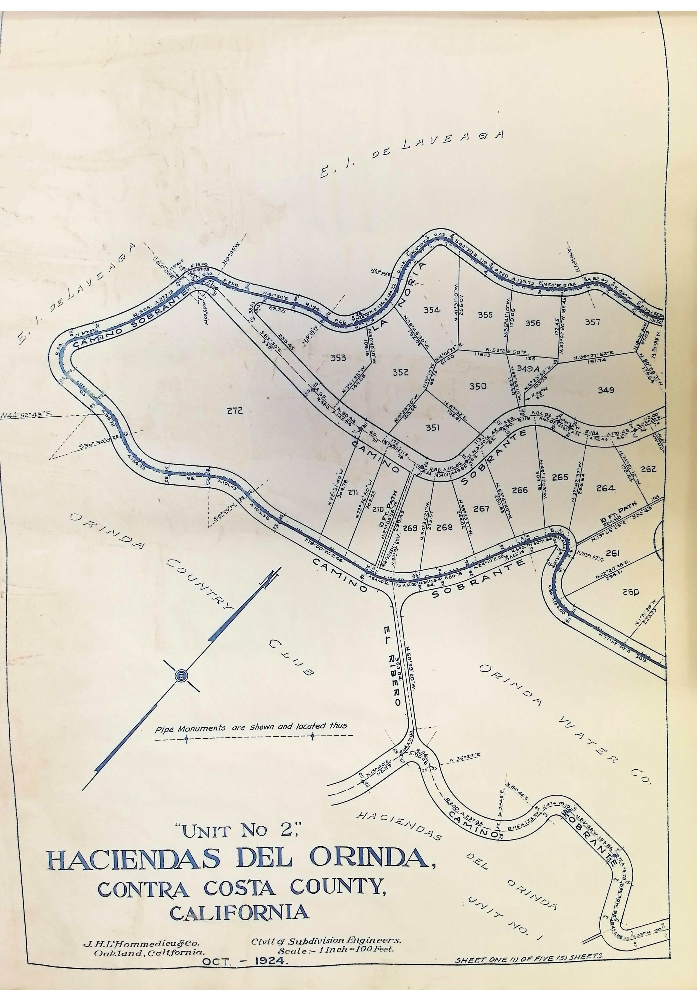 The image depicts a detailed land survey map titled "Unit No. 2, Haciendas del Orinda, Contra Costa County, California," created by J.H.L. Homme & Co., civil and subdivision engineers based in Oakland, California, in October 1924. The map outlines residential plots labeled with numbers, such as 351, 352, and 353, amongst many others, organized along winding roads like Camino Sobrante and La Cuesta. The Orinda Country Club and Orinda Water Company are notable landmarks shown within the vicinity. The scale is noted as 1 inch to 100 feet, indicating a precise representation of the area. Roads are marked distinctly, with specifications written in small script, and property boundaries are clearly delineated. The map includes features like pipe monuments, highlighting important surveying points.