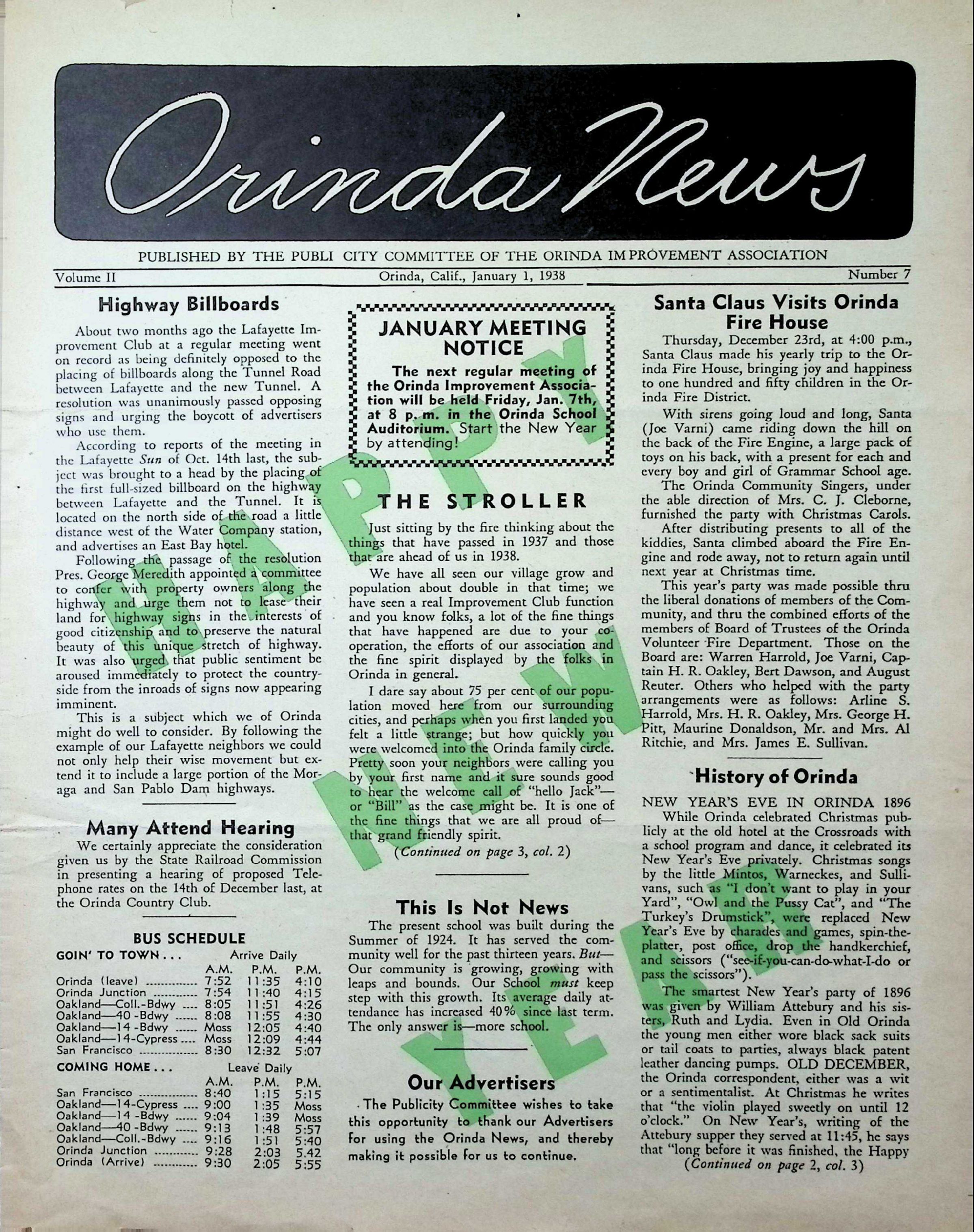 Orinda news - January 1938: This pdf file contains the January 1, 1938 edition of this newspaper. Click on the image to read the entire file.