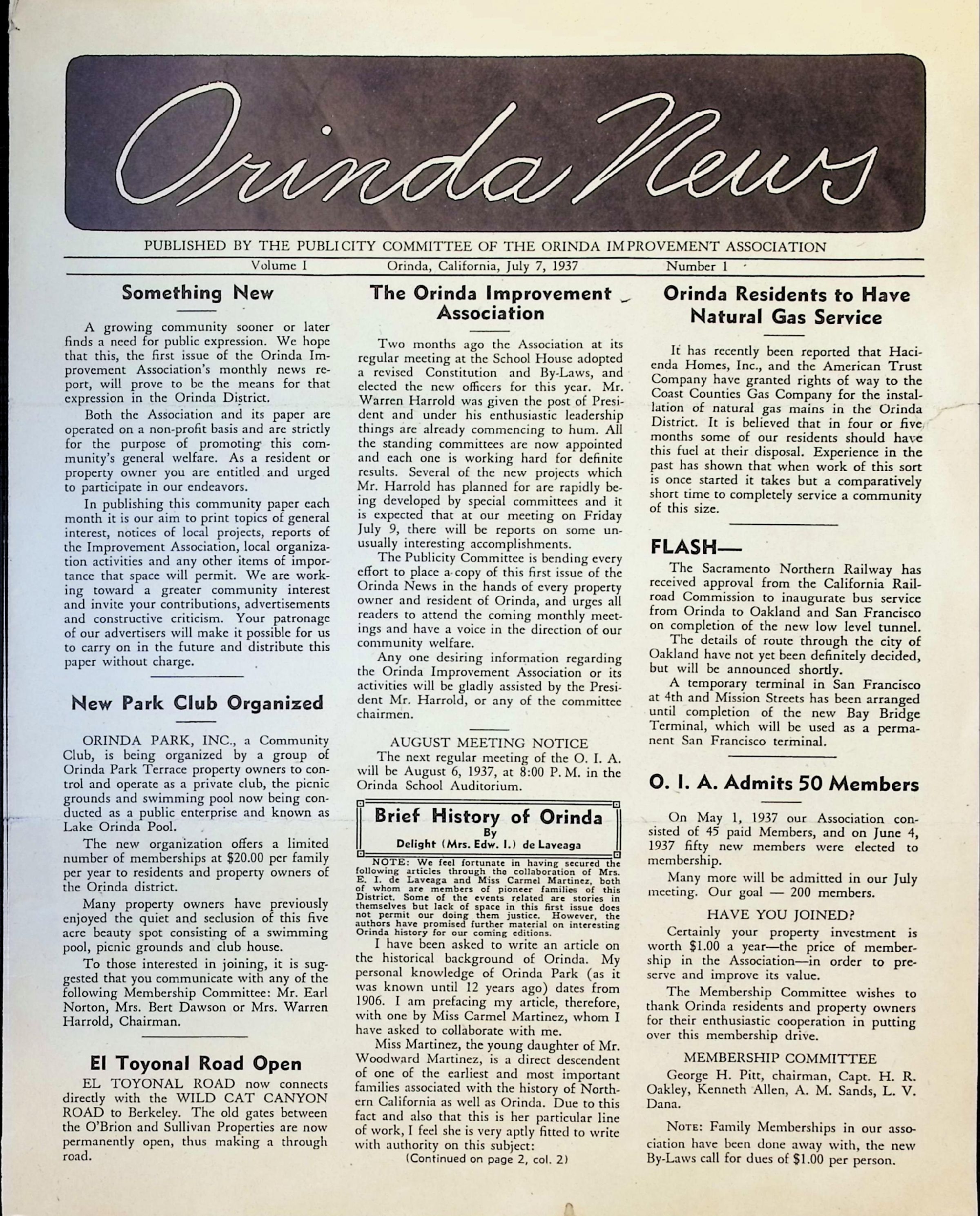 Orinda News - July 1937: This pdf file contains the July 7, 1937 edition of this newspaper. Click on the image to read the entire file.