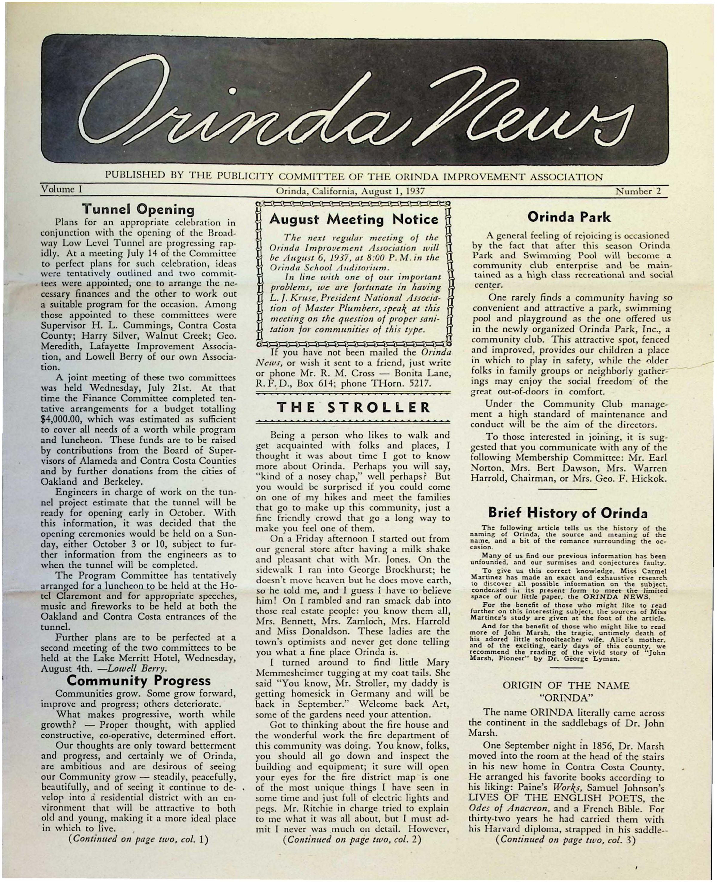 Orinda News - August 1937: This pdf file contains the August  1, 1937 edition of this newspaper.  Click on the image to read the entire file.