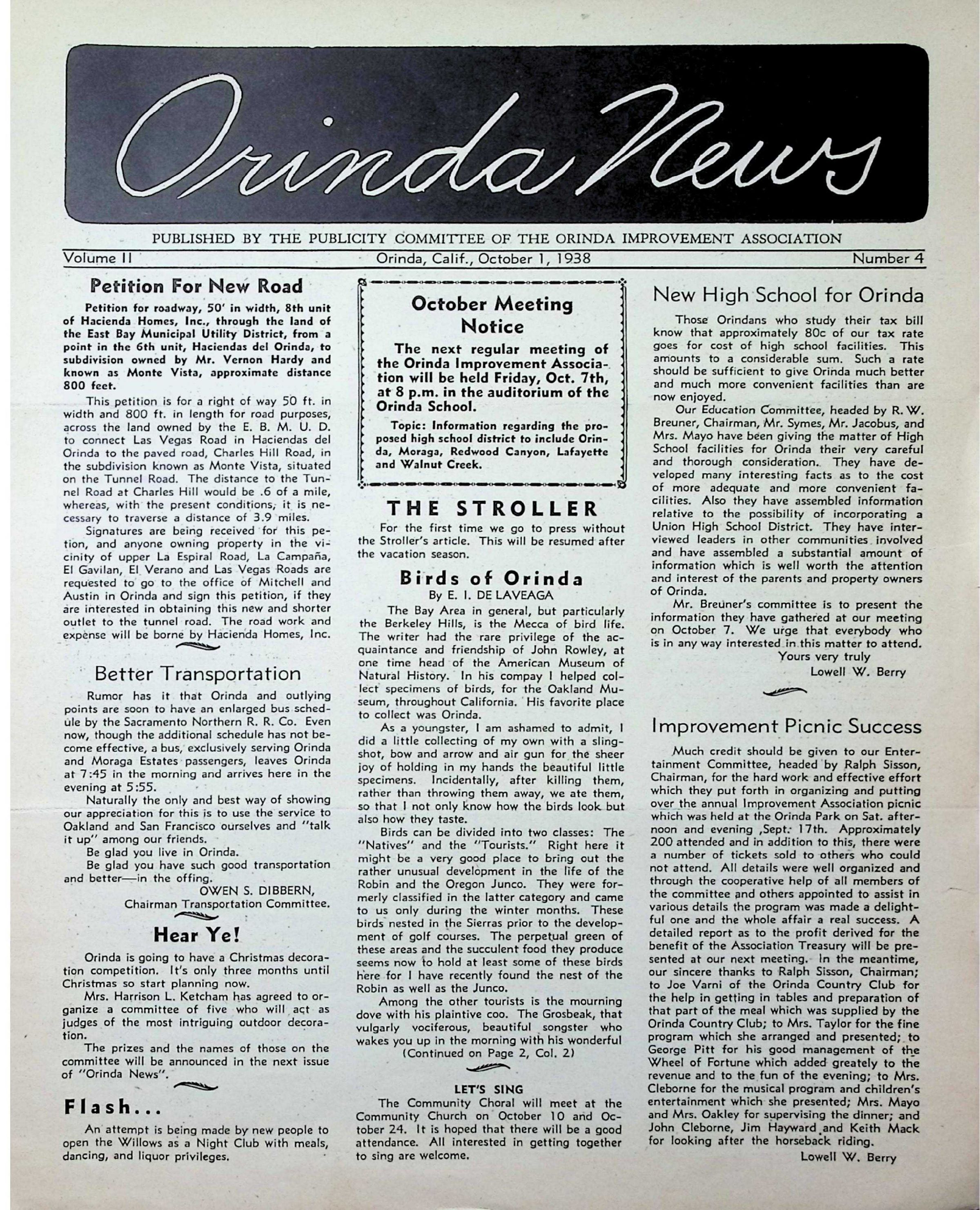 Orinda News - October 1938: This pdf file contains the October 1, 1938 edition of this newspaper. Click on the image to read the entire file.