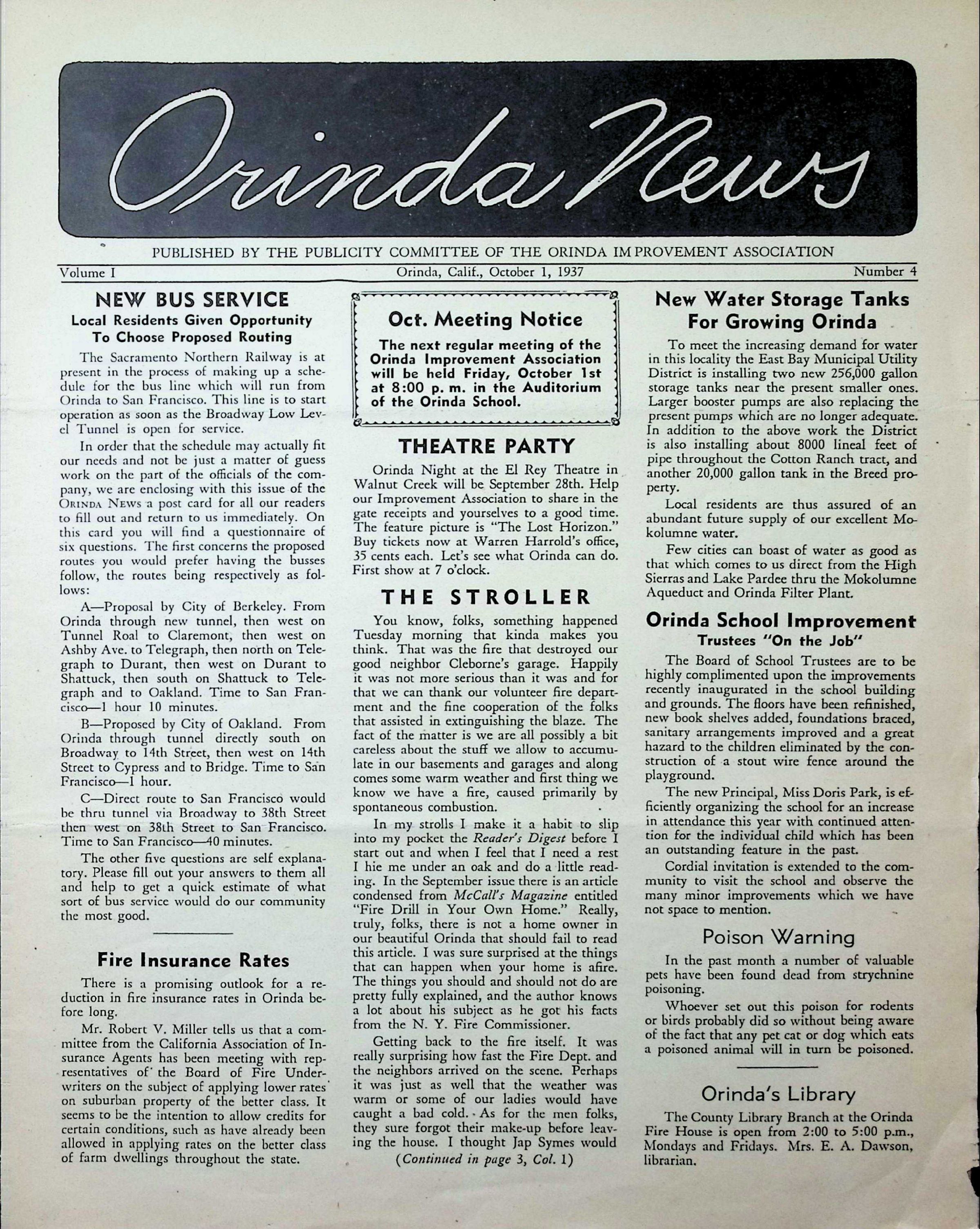 Orinda News - October 1937: This pdf file contains the October 1, 1937 edition of this newspaper. Click on the image to read the entire file.