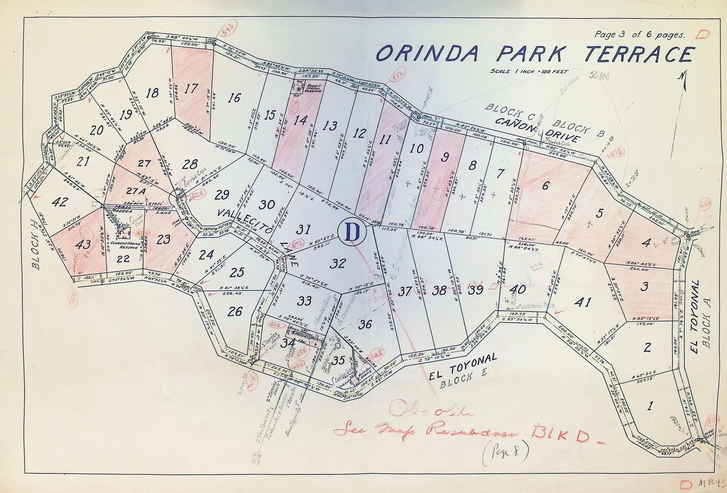 The image is a detailed map of "Orinda Park Terrace," showing various plots of land numbered from 1 to 43, with distinct boundaries and measurements. The map indicates multiple blocks, highlighted in pink for certain areas, with a label D alongside street names such as El Toyonal, Cañon Drive, and Vallecito Lane.