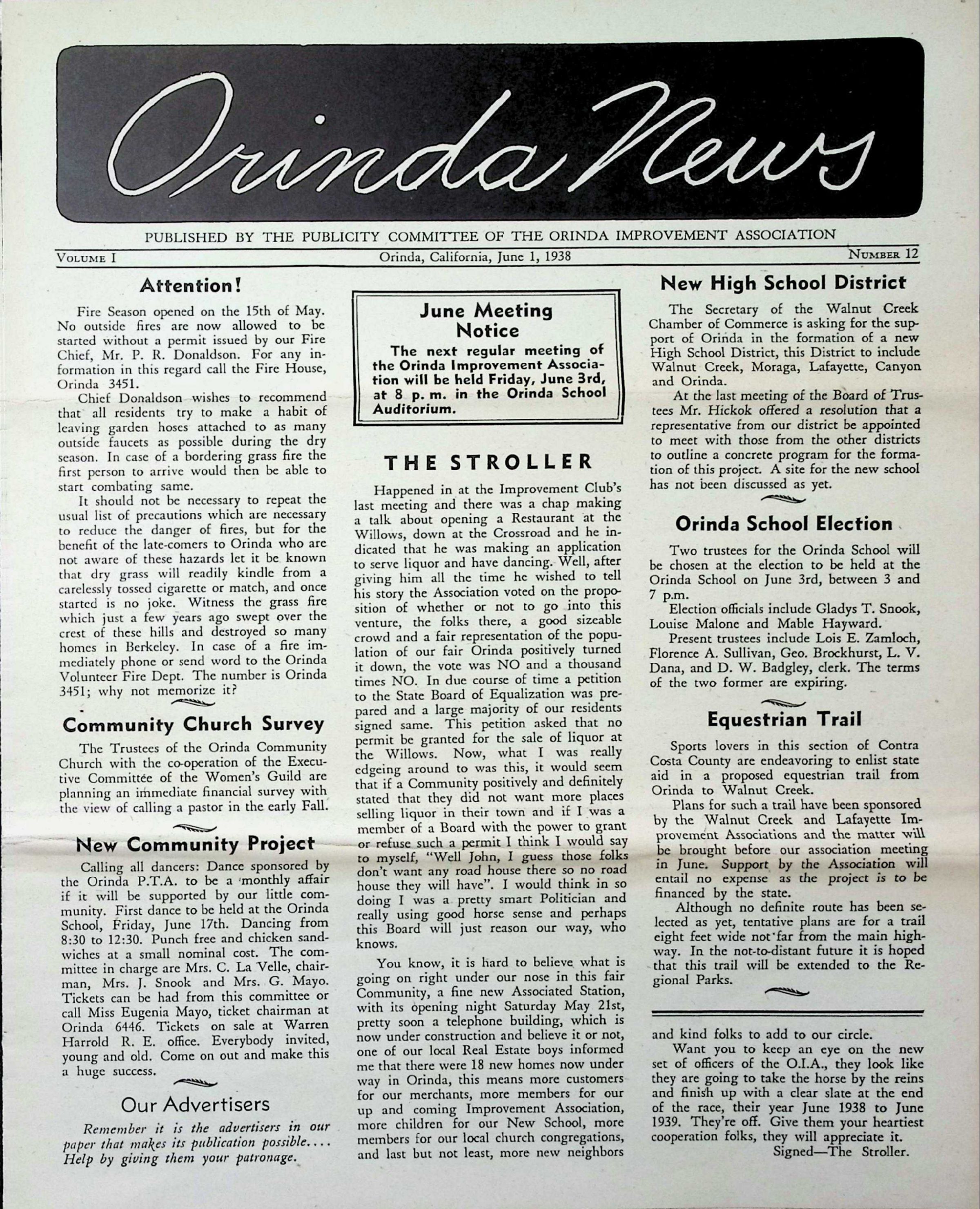 Orinda Sun - June 1938: This pdf file contains the June 1, 1938 edition of this newspaper. Click on the image to read the entire file.