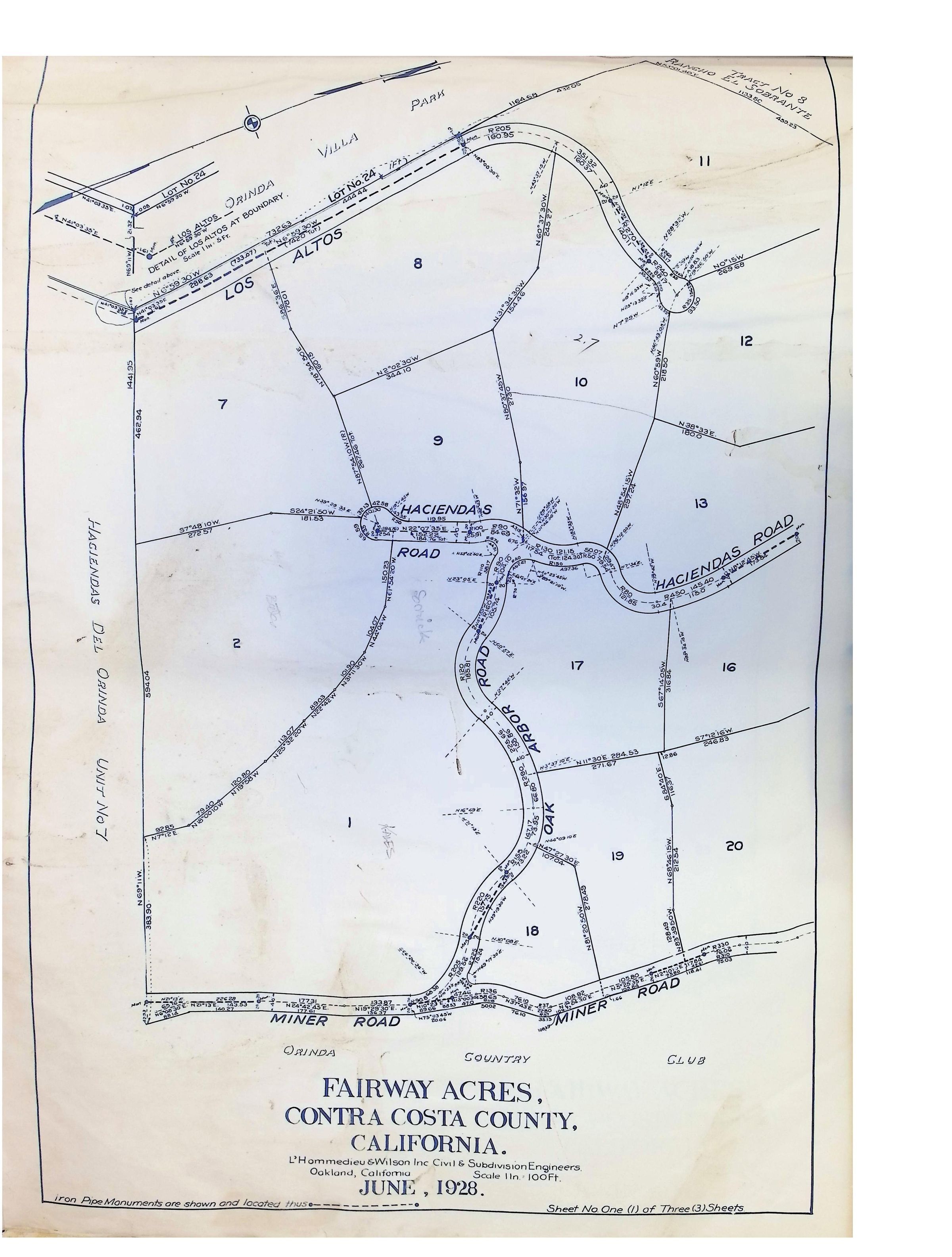 The image displays a detailed map titled "Fairway Acres, Contra Costa County, California," surveyed and drawn by L'Hommedieu & Wilson Inc. Civil & Subdivision Engineers from Oakland, California, in June 1928, showing a layout of parcels labeled with numbers and corresponding roads like Haciendas Road and Miner Road, with surrounding features such as Los Altos, Villa Park, and indications of surrounding areas connected by detailed boundary lines.