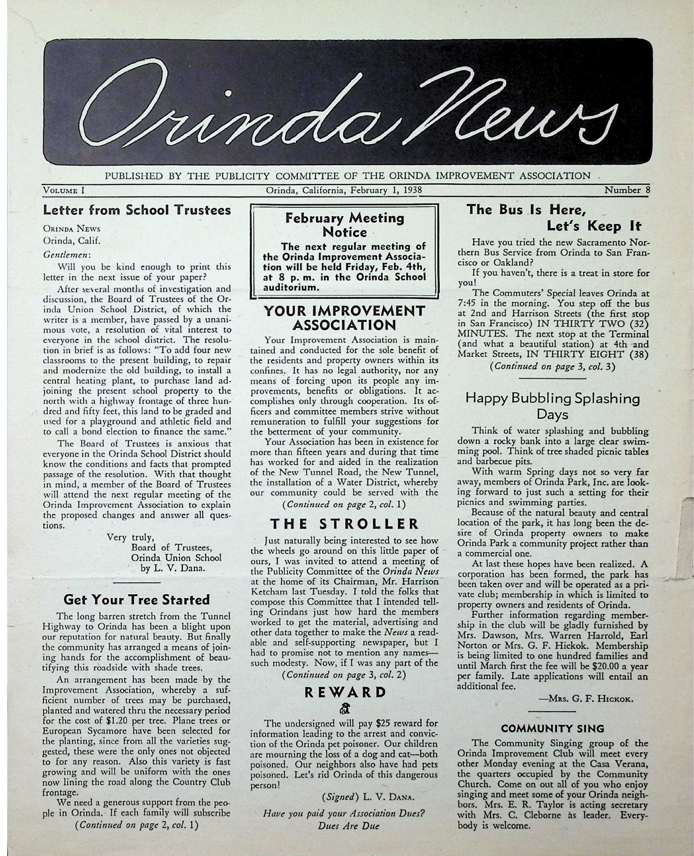 Orinda News - February 1938: This pdf file contains the February 1, 1938 edition of this newspaper. Click on the image to read the entire file.