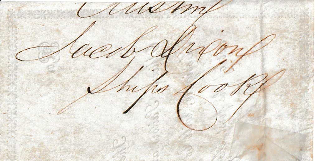Endorsed "Austin / Jacob ??? / Ships Cook": Upon payment to each sailor, the reverse of the certificate was endorsed with each sailor’s station, name, and duty. This written account leaves researchers a record of the sailors who received payment, where they received their compensation, and the location of their station. Since many of the reverses are distinctly uniform, it is quite possible that Mason or one of the pursers signed some of the endorsements for the sailors.