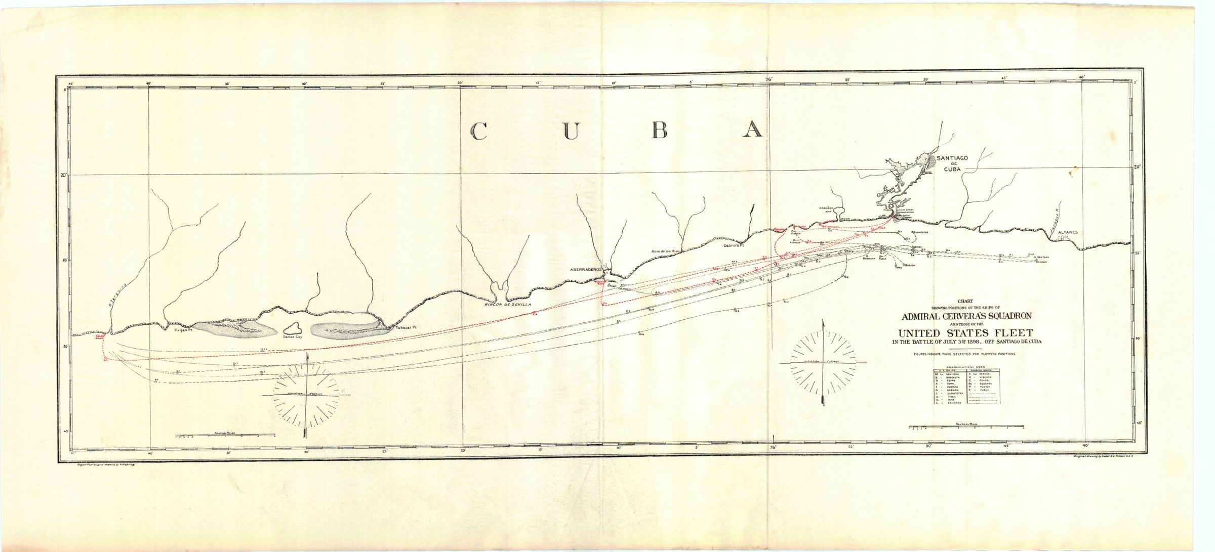 Map of coastal Cuba and the positions of vessels engaged in the Battle of Santiago de Cuba during the Spanish-American War.: Cities, rivers, islands, and some shaded depths are shown. United States ships are indicated in red while Spanish ship positions are noted in green.