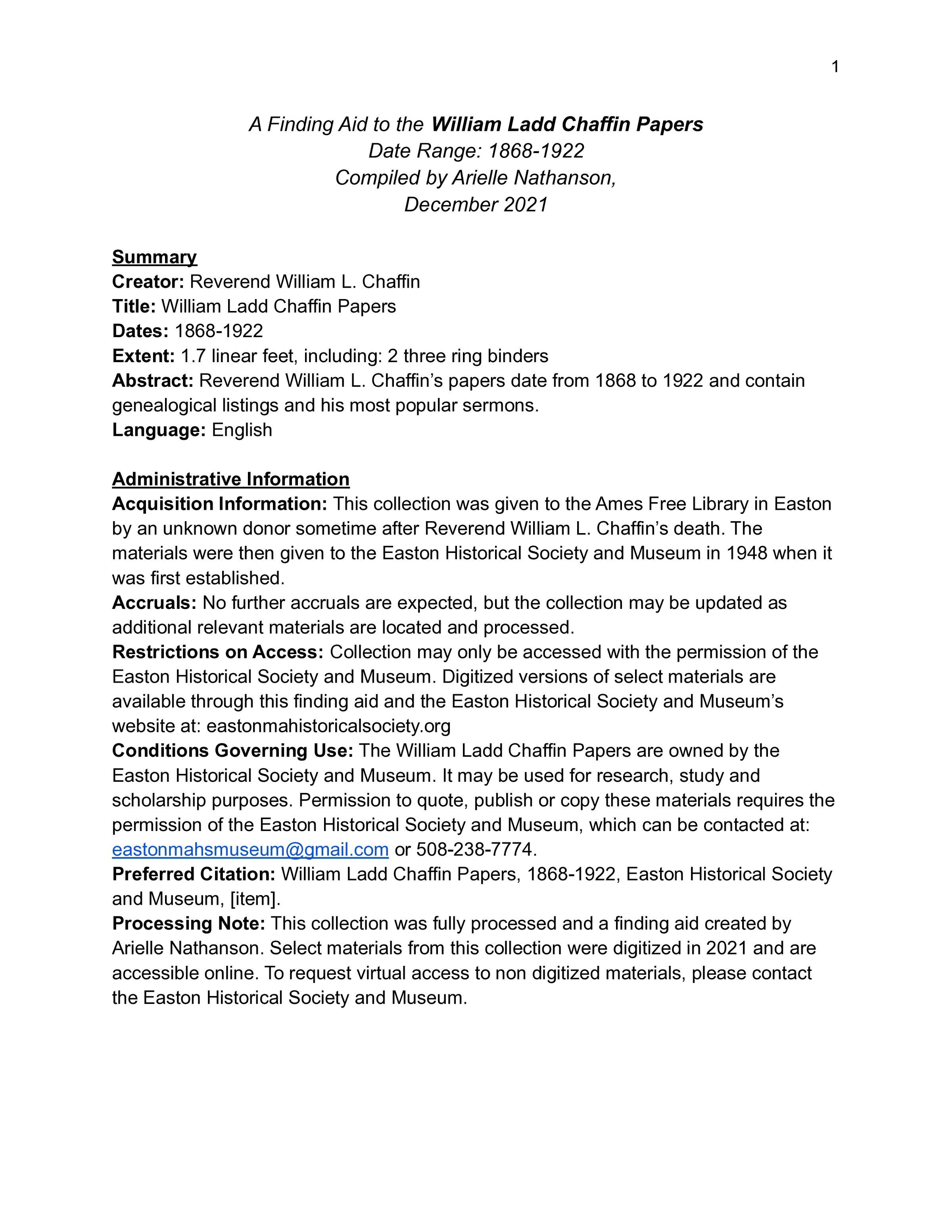 Chaffin Papers Finding Aid-2: A Finding Aid to the William Ladd Chaffin Papers Date Range: 1868-1922