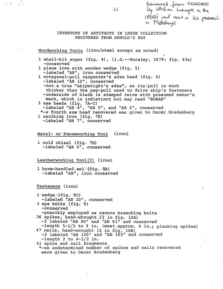 Leege Arnolds Bay Inventory
