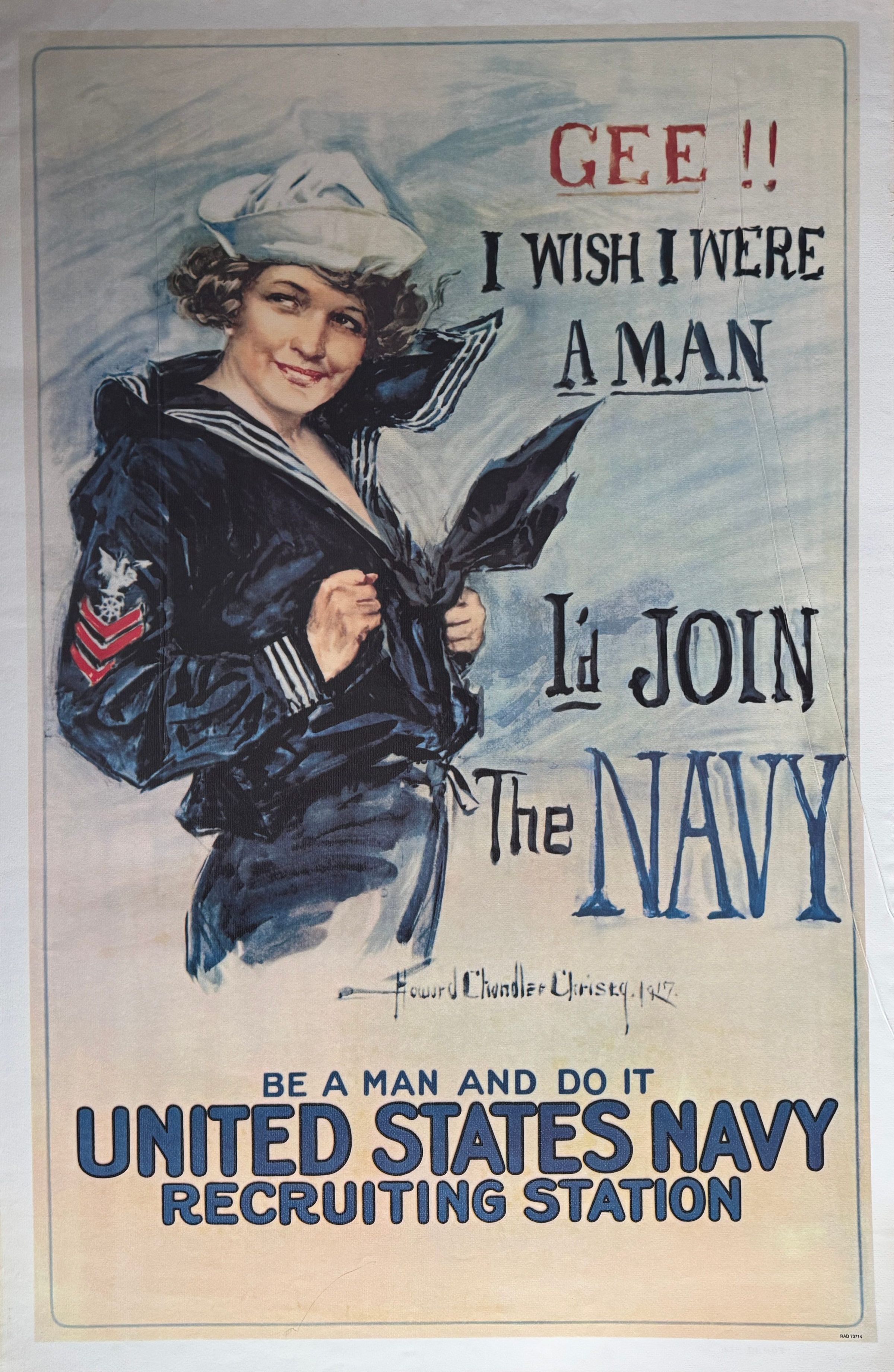 U.S. Navy recruitment poster featuring a woman in a Navy uniform with a sailor’s hat, smiling confidently, and the text, “Gee!! I wish I were a man I’d join the Navy,” followed by “Be a man and do it - United States Navy Recruiting Station,” attributed to artist Howard Chandler Christy, created in the year 1917.