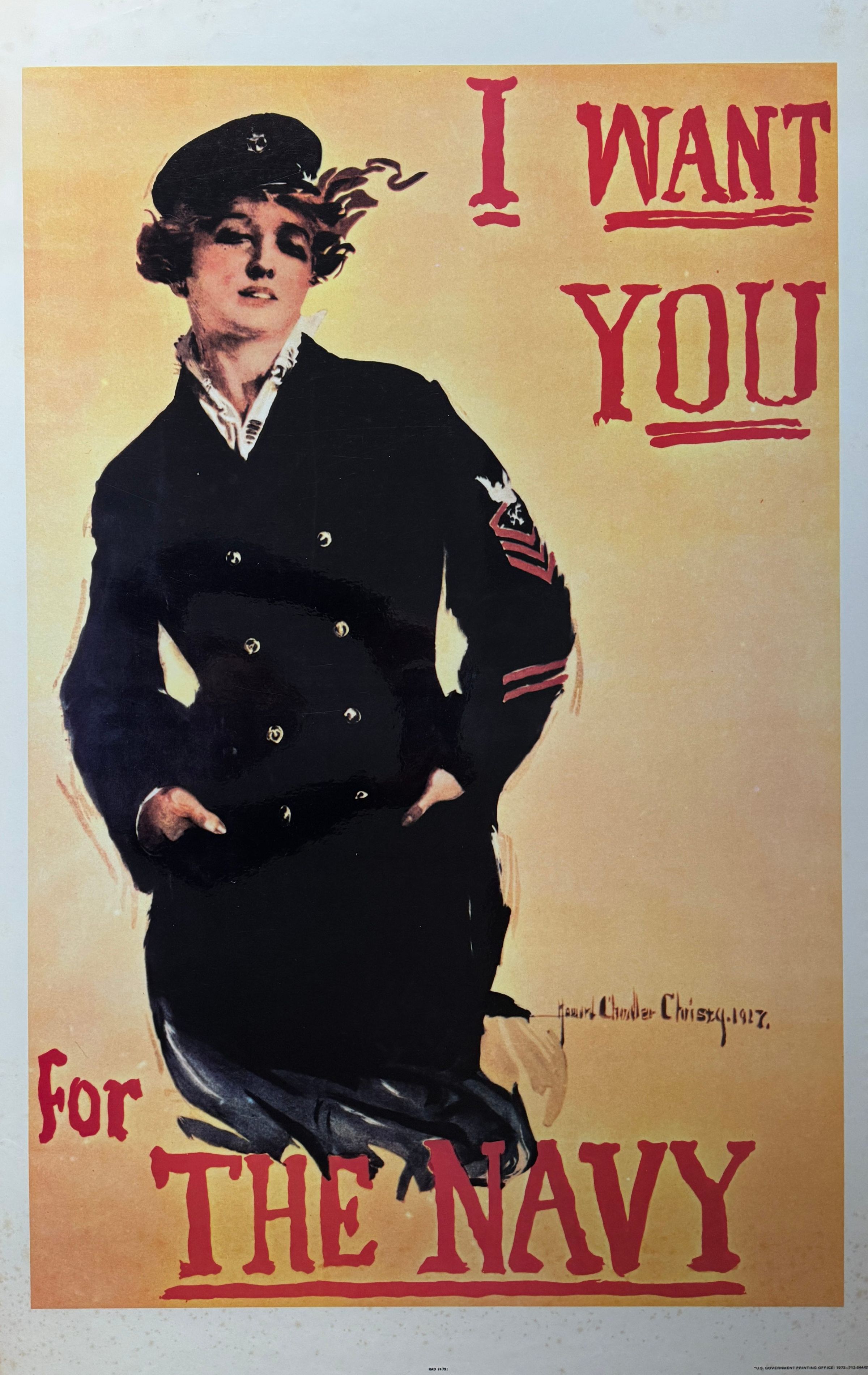 Recruitment poster features a woman in a Navy uniform, with her hands in her pockets and hair blown to one side, against a pale yellow background. The bold red text, "I WANT YOU FOR THE NAVY," surrounds her. The illustration style is characteristic of early 20th-century art, with clear, strong lines and a focus on patriotic themes. The poster's intention is to attract attention and inspire enlistment by appealing to a sense of duty.