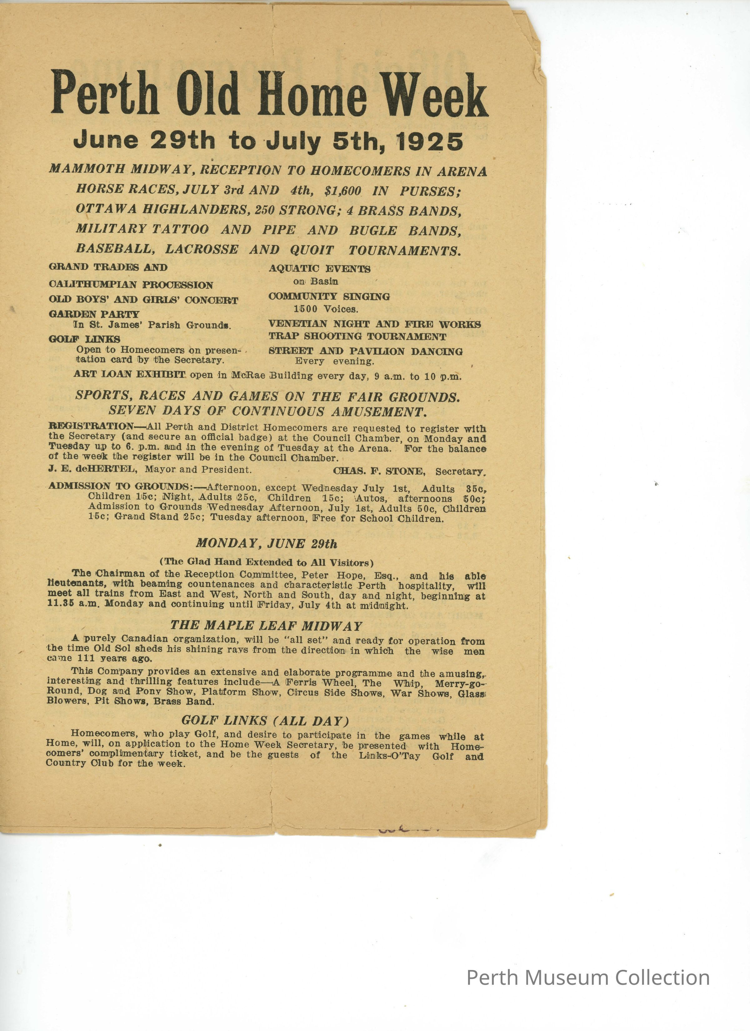 Programme: The image is beige with black script and is a vintage programme for "Perth Old Home Week," taking place from June 29th to July 5th, 1925, featuring various events such as horse races, brass bands, a military tattoo, baseball, lacrosse, aquatic events, and fireworks. Attendees could enjoy a large midway, community singing with 1500 voices, street and pavilion dancing, and a golf tournament. The event promised seven days of continuous amusement, with sports, races and games.