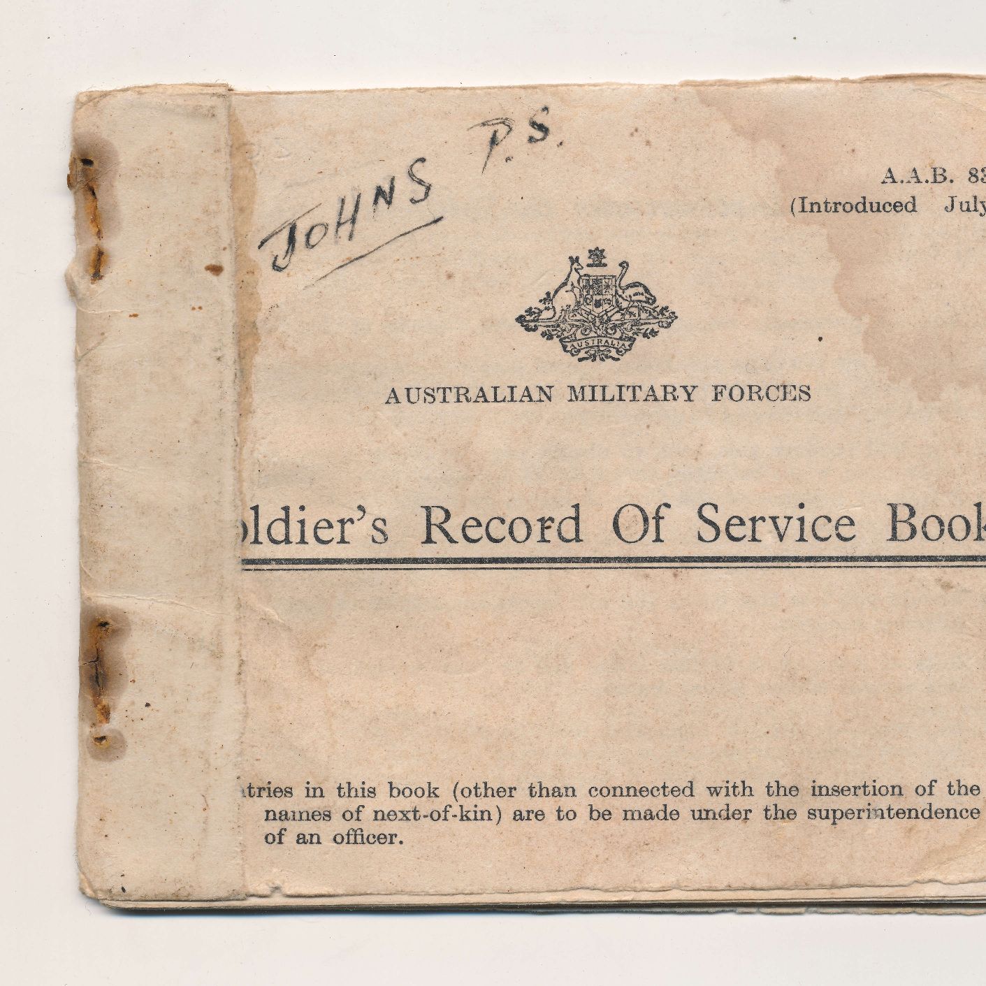 2023.38.1: PDF of Soldier's Record of Service issued to SX17253 Percival Stanley Graham Johns.