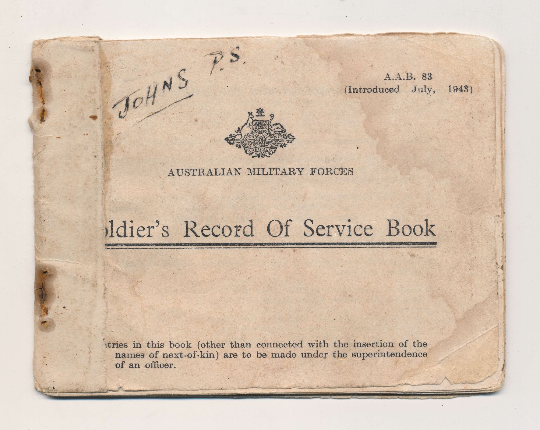 2023.38.1: PDF of Soldier's Record of Service issued to SX17253 Percival Stanley Graham Johns.
