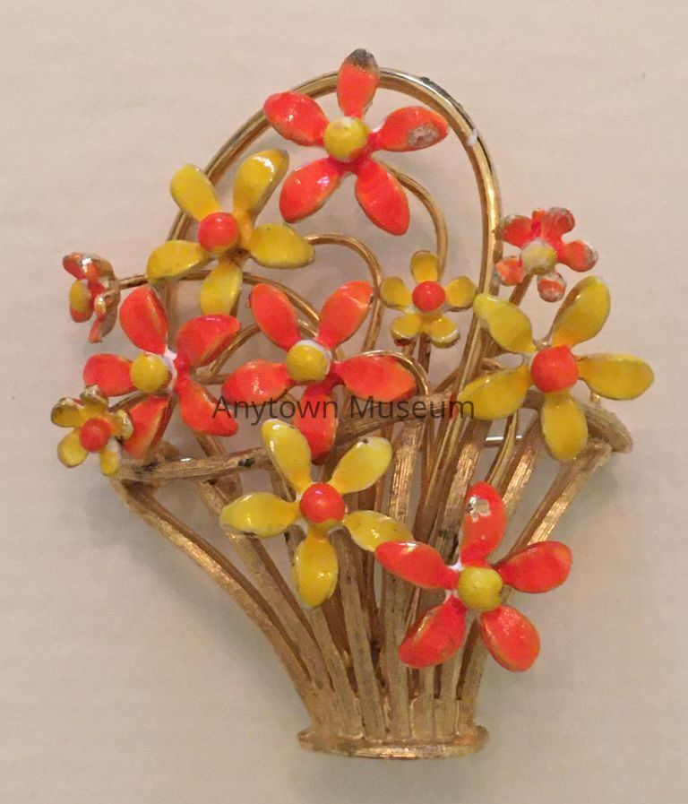 Enameled Flower Basket Brooch
