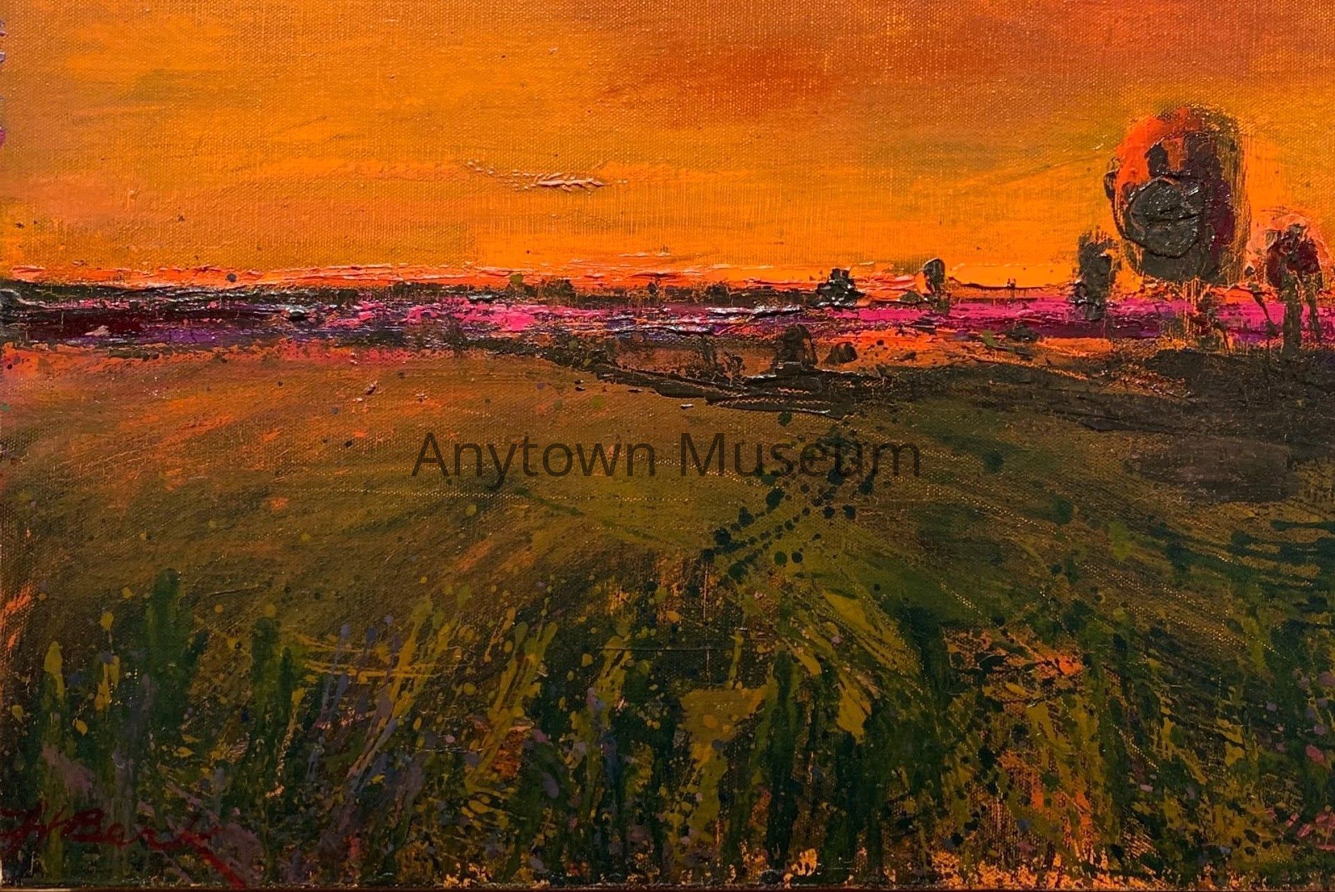 An expressionistic oil painting depicts a rural landscape at sunset, with a golden-green field in the foreground, dark silhouetted trees and structures in the middle distance, and an intense orange and magenta sky dominating the composition.: This is an oil painting on canvas depicting a rural landscape scene rendered in expressionistic style. The composition is structured in three distinct horizontal bands: a foreground of agricultural fields rendered in olive green, ochre, and dark strokes suggesting plowed or cultivated land; a middle ground containing silhouetted trees, fence lines, and architectural forms including what appears to be farm buildings or structures rendered in dark brown and black; and a dramatic sky occupying the upper half of the canvas, featuring an intense chromatic range of oranges, burnt sienna, magenta, and deep purples suggesting either sunrise or sunset conditions.
The paint application is gestural and energetic, with visible brushwork throughout. The sky is rendered with horizontal strokes and color transitions that create a sense of atmospheric turbulence. The foreground field is constructed with vertical and diagonal dashes of color, suggesting agricultural rows or the directional movement of crops. The middle ground contains blocky, abstract forms that reference landscape elements—trees appear as dark, roughly geometric shapes; fence lines are indicated by linear marks; and what may be a prominent rock formation or building appears on the right side, painted in dark tones with hints of red.
The palette is dominated by warm hues—oranges, yellows, and earth tones—set against cooler accents of magenta, purple, and dark green. The overall effect is one of heightened emotion and intensity, emphasizing the drama of natural light and atmospheric conditions rather than naturalistic description. The visible canvas texture and impasto in places reinforce the expressionistic approach. The work appears to be in good condition, with consistent paint coverage and no apparent damage to the painted surface.