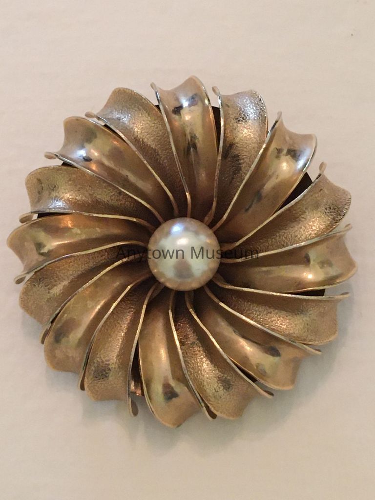 Gold Flower with Pearl Interior Brooch
