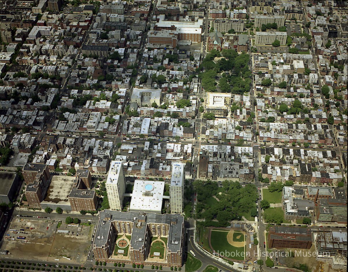Digital reference image of color aerial view of Hoboken, June 6, 2003. Image number 8585. Photographer, Lee Ross, 