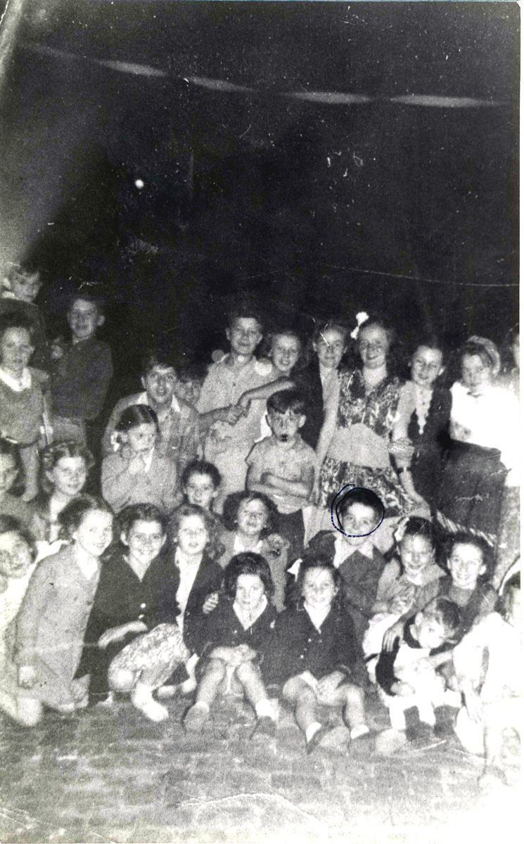 Children grouped on Willow Terrace, V-E Day, 1945.