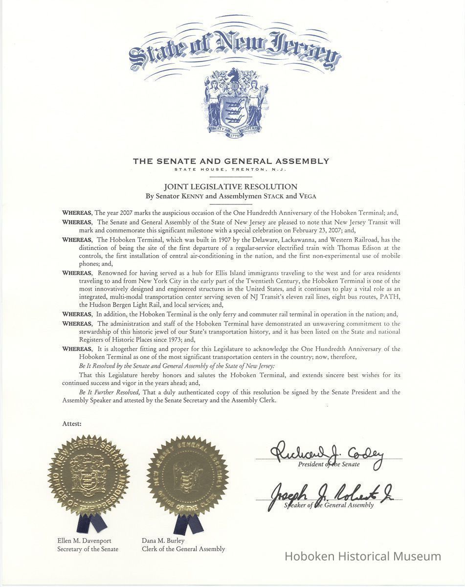 New Jersey State Legislature Resolution saluting Hoboken Terminal on its centennial, Feb. 23, 2007. picture number 1