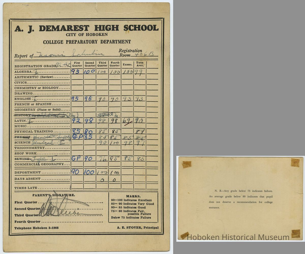 1: Naomi Schubin; Class 9A Academic; Ninth grade, fall-winter 1951