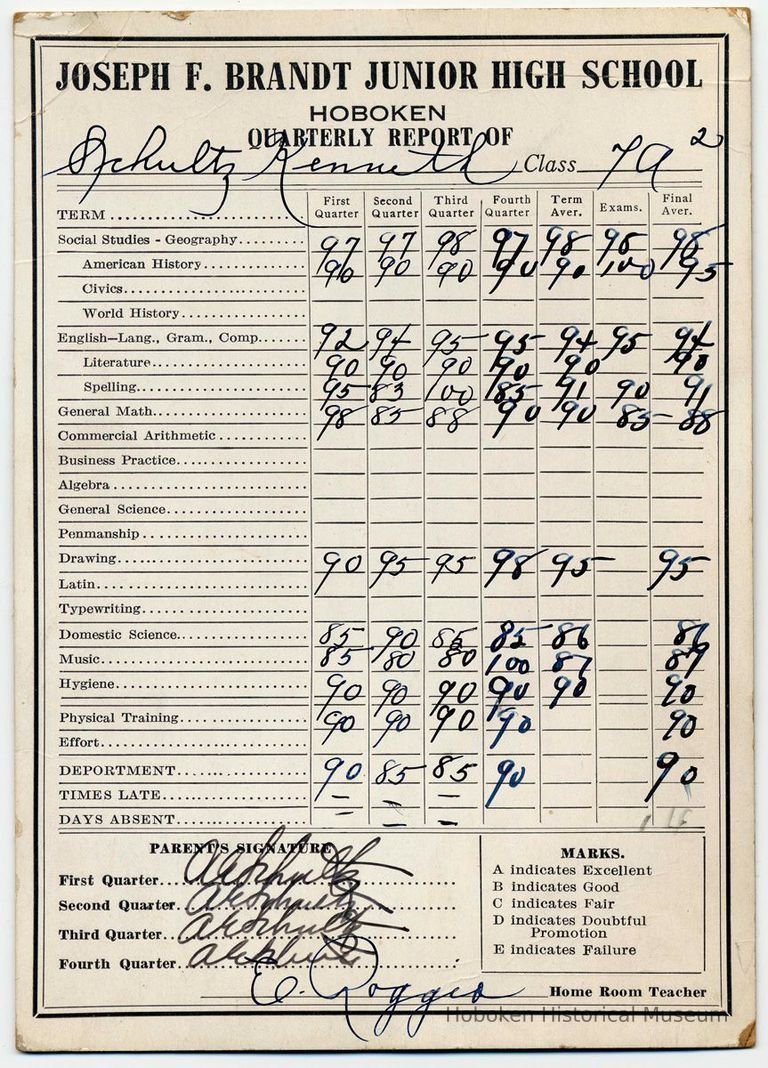 Digital image of Kenneth Schultz's seventh grade report card for class 7A2, Brandt School, Hoboken, no date, ca. 1950-51. picture number 1