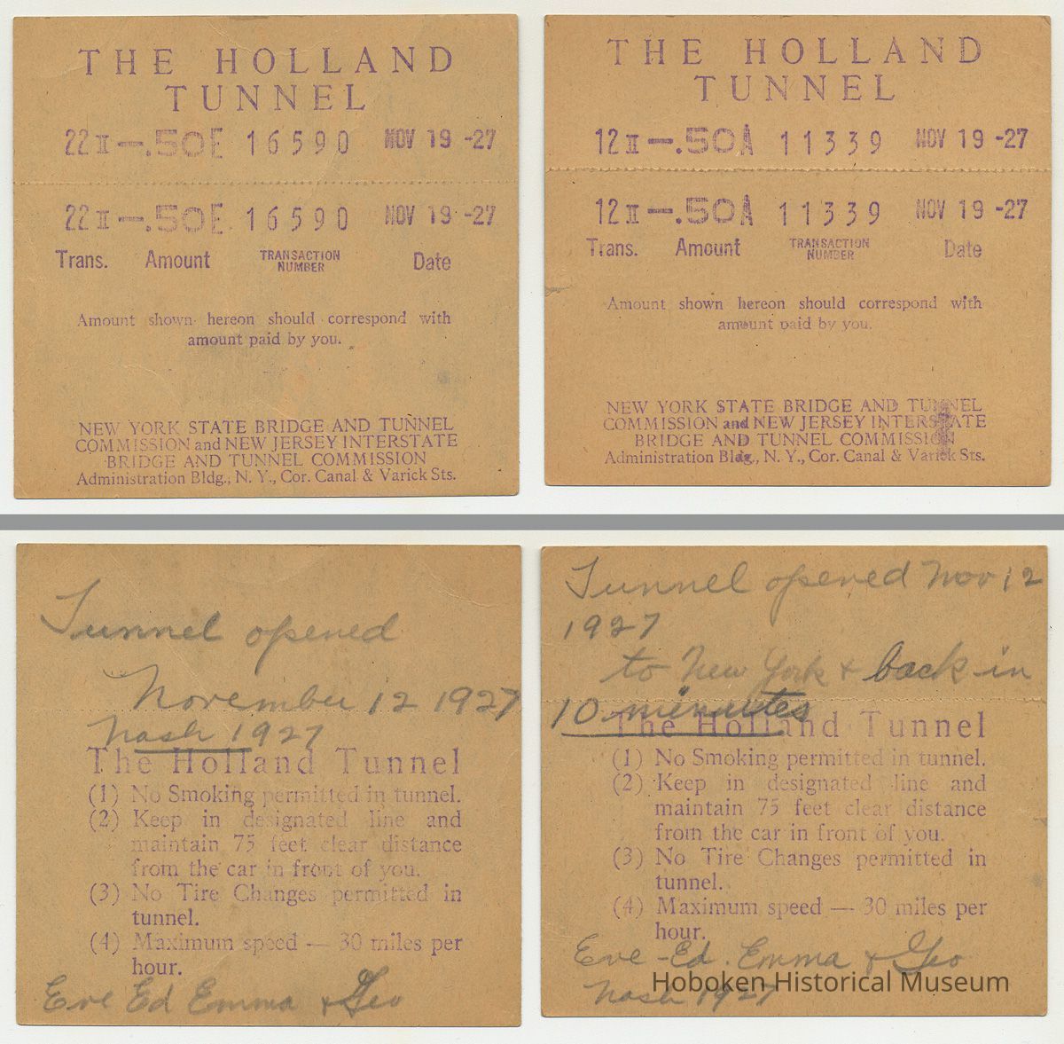 Holland Tunnel toll receipts, Nov. 19, 1927, front; back: 1, left; 2, right