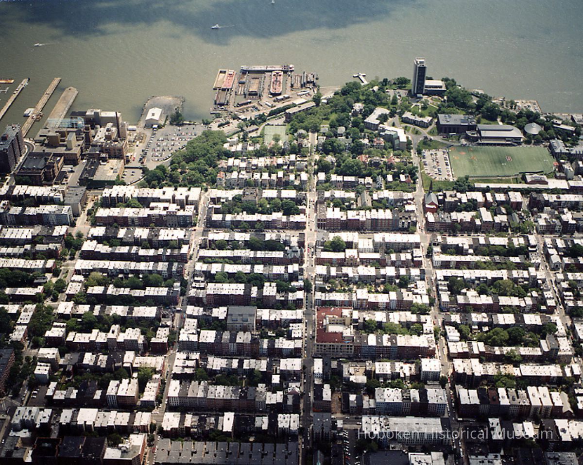 Digital reference image of color aerial view of Hoboken, June 6, 2003. Image number 8579. Photographer, Lee Ross, 