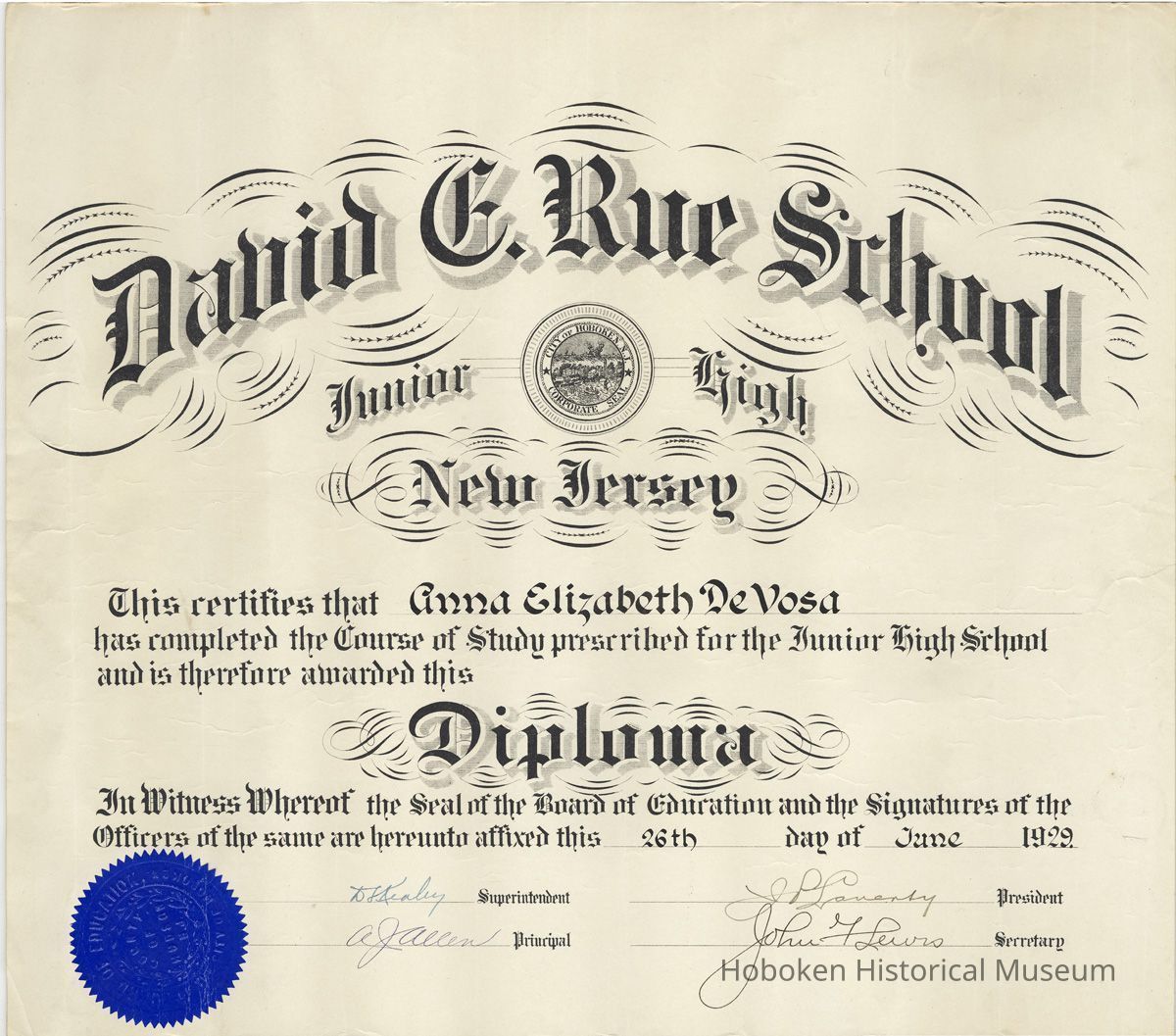 Diploma of Anna Elizabeth DeVosa received from David E. Rue [Junior High] School, Hoboken, June 26, 1929. picture number 1