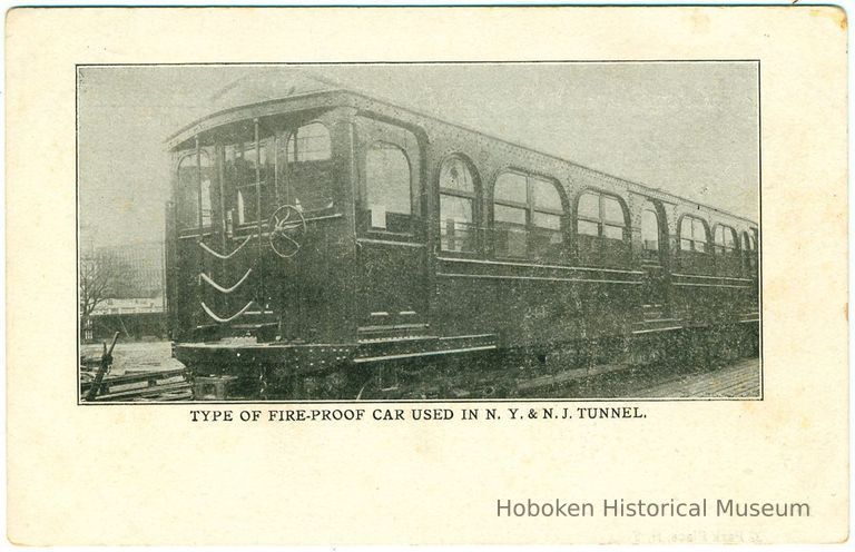 Digital image of Hudson & Manhattan R.R. postcard titled: Type of fire-proof car used in N.Y. & N.J. Tunnel. no date, ca. 1908. picture number 1