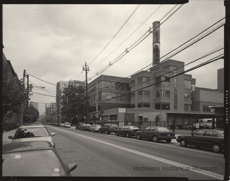 B+W photo of former Maxwell House Coffee plant exterior, overview looking north on Hudson St., Hoboken, 2003. picture number 1