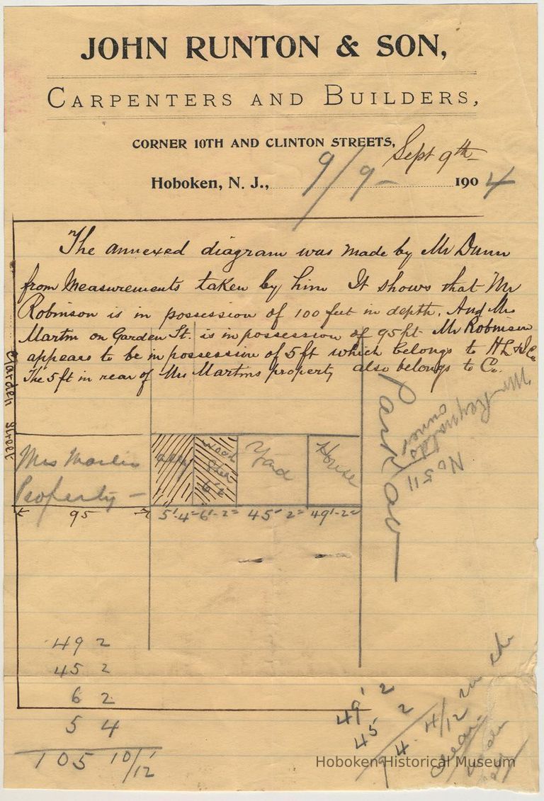 Billhead of John Runton & Son, Carpenters and Builders, Hoboken, dated September 9, 1904 with plot plan of 511 Park and 508 or 510 Garden St. picture number 1