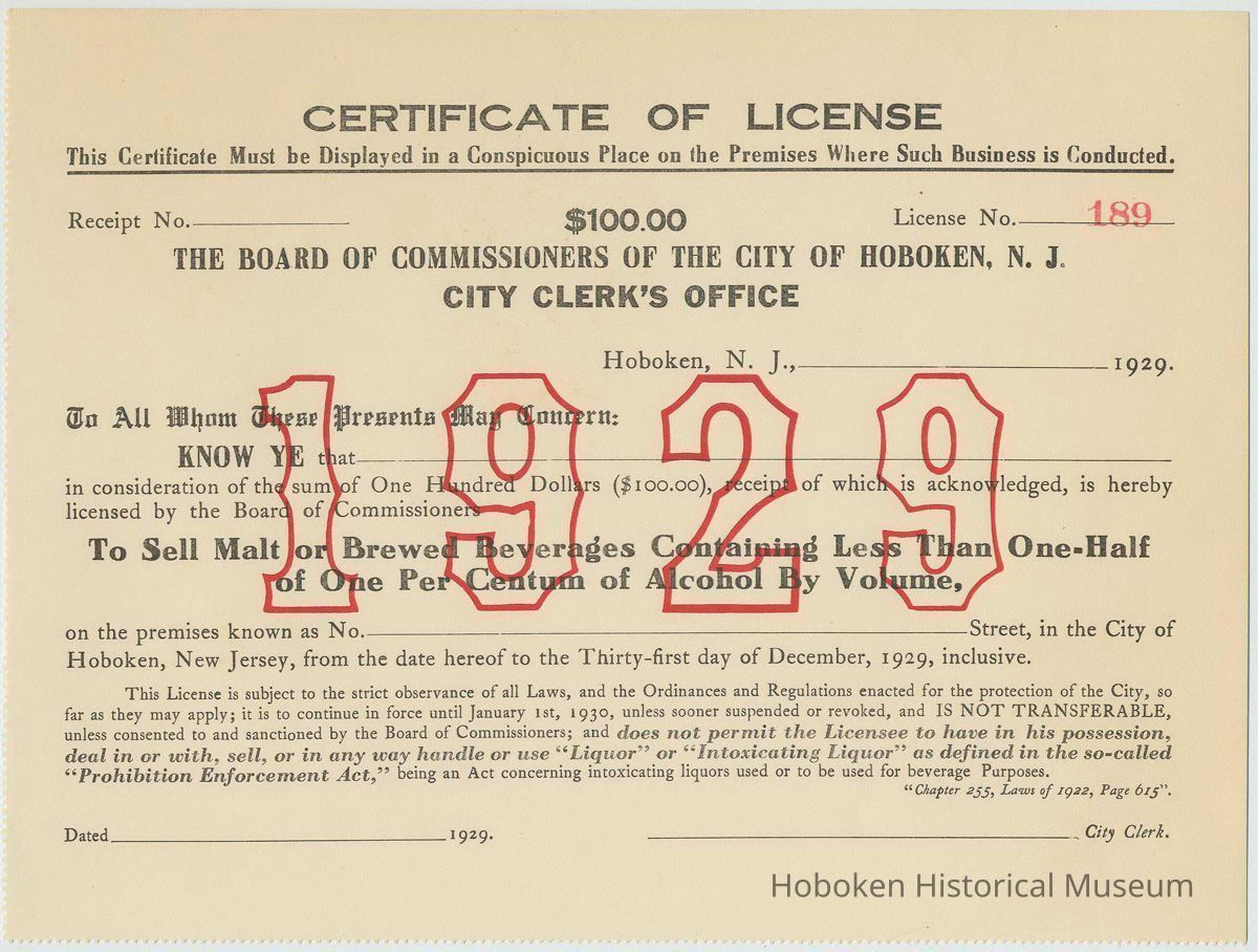 Unissued City of Hoboken Certificate of License for alcoholic beverages for 1929 expiring Dec. 31st, 1929, Hoboken, 1928. picture number 1