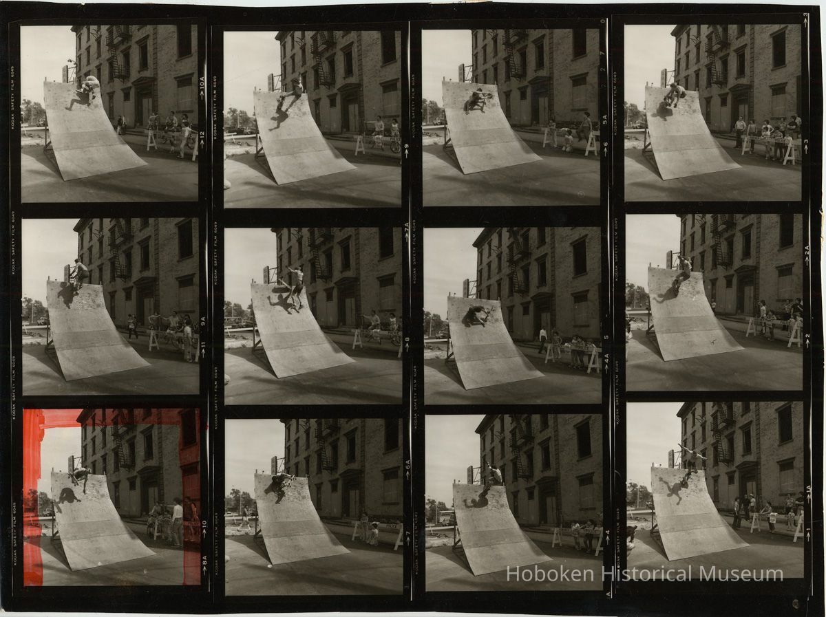 B+W negative contact sheet of images of Hoboken taken by John Conn. no date, [1976]. picture number 1