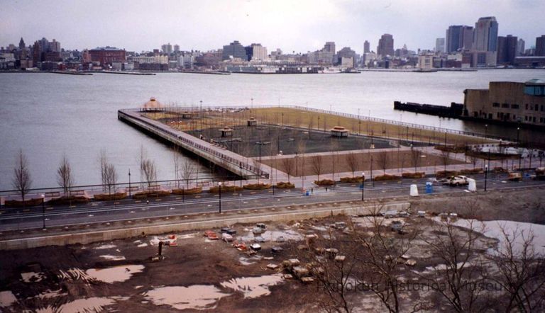 Color photo of an elevated view of construction progress of Pier A Park, Hoboken, 1999. picture number 1