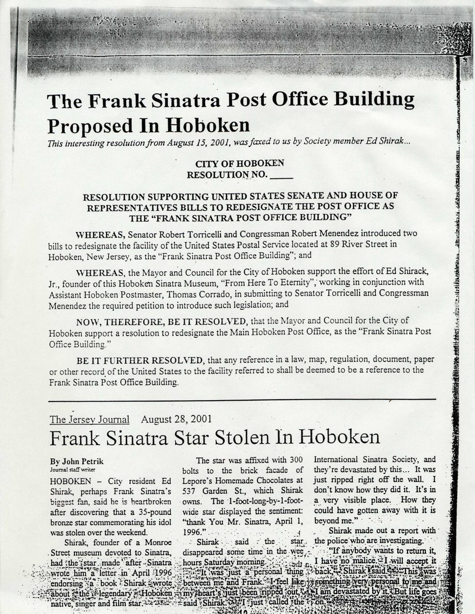 Handout from Ed Shirak, Jr. at the Frank Sinatra Post Office Building, Hoboken Post Office Building Dedication Ceremony, May 16, 2003. picture number 1