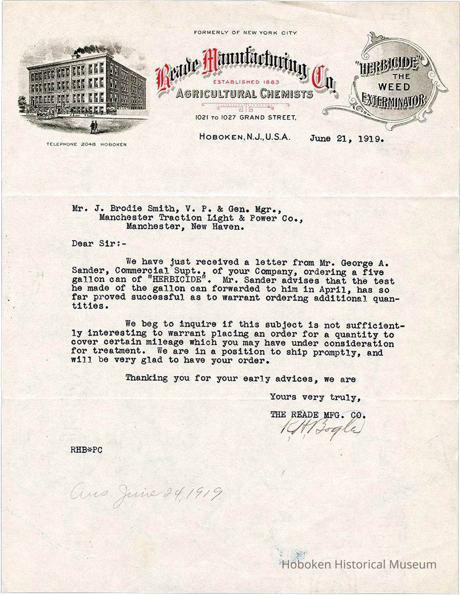 Letterhead: Reade Manufacturing Company, 1021 to 1927 Grand St., Hoboken, NJ, 21 June 1919 picture number 1