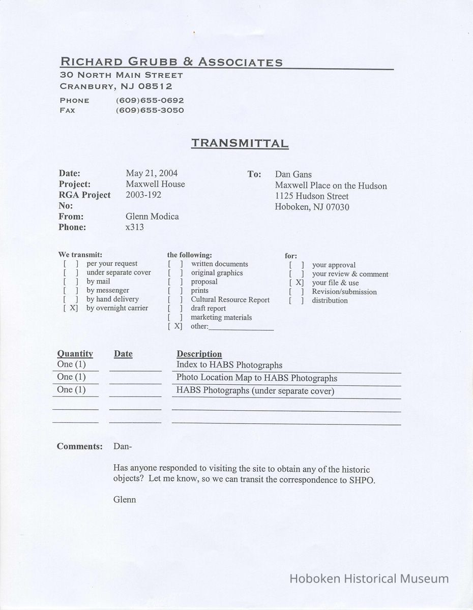transmittal sheet; provenance