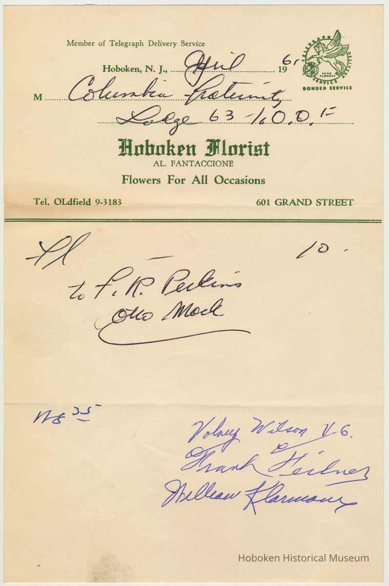 Receipt from Hoboken Florist, 601 Grand St., Hoboken to Columbia Fraternity, Lodge 63, I.O.O.F., April 1961. picture number 1