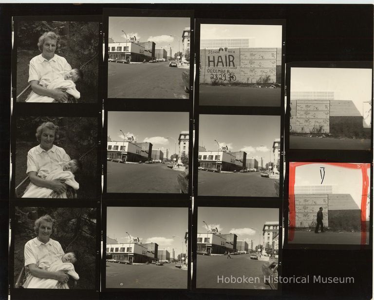 B+W negative contact sheet of images of Hoboken taken by John Conn. no date, [1976]. picture number 1