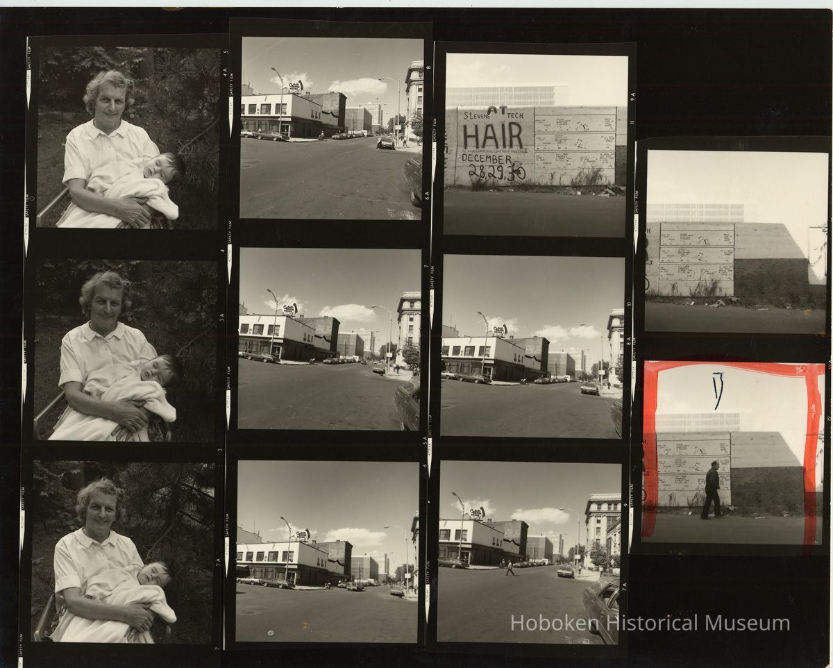 B+W negative contact sheet of images of Hoboken taken by John Conn. no date, [1976]. picture number 1