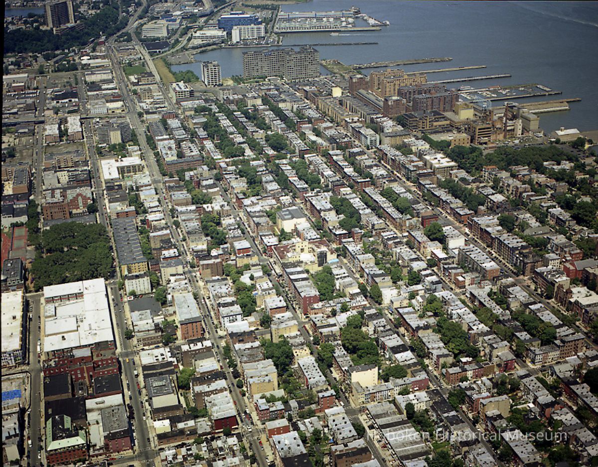 Digital reference image of color aerial view of Hoboken, July 17, 2003. Image number 9135. Photographer, Lee Ross, 