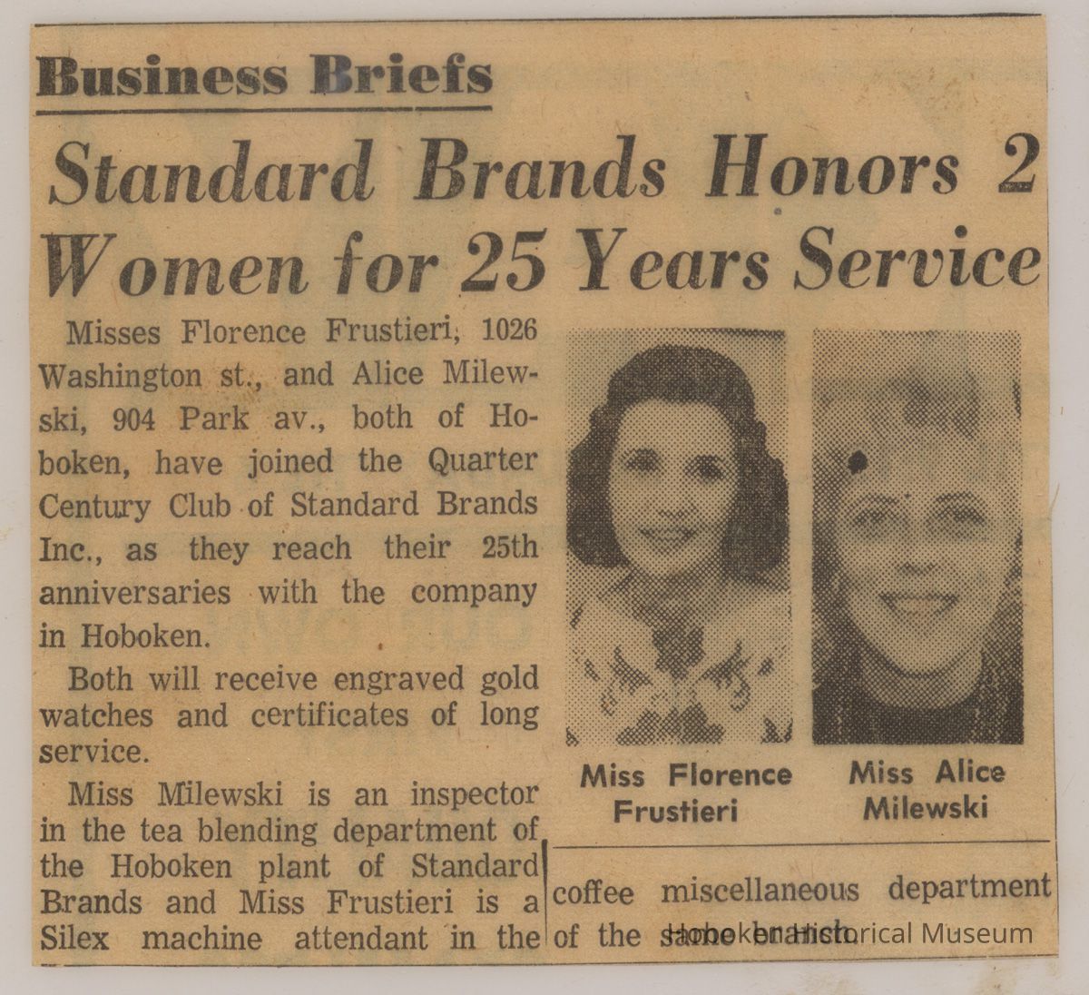 Newsclipping re Standard Brands honoring Florence Frustieri & Alice Milewski, both of Hoboken, for 25 years of service, Hoboken, (1965.) picture number 1